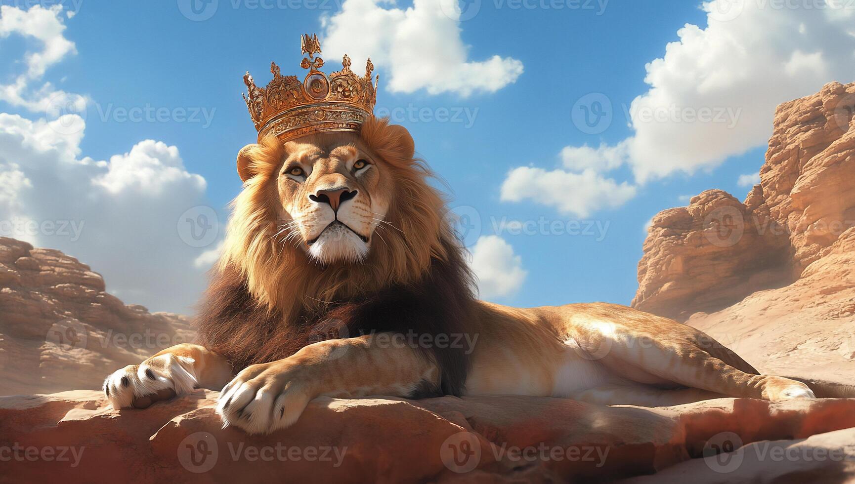 A majestic lion wearing a crown, resting in a desert landscape. photo