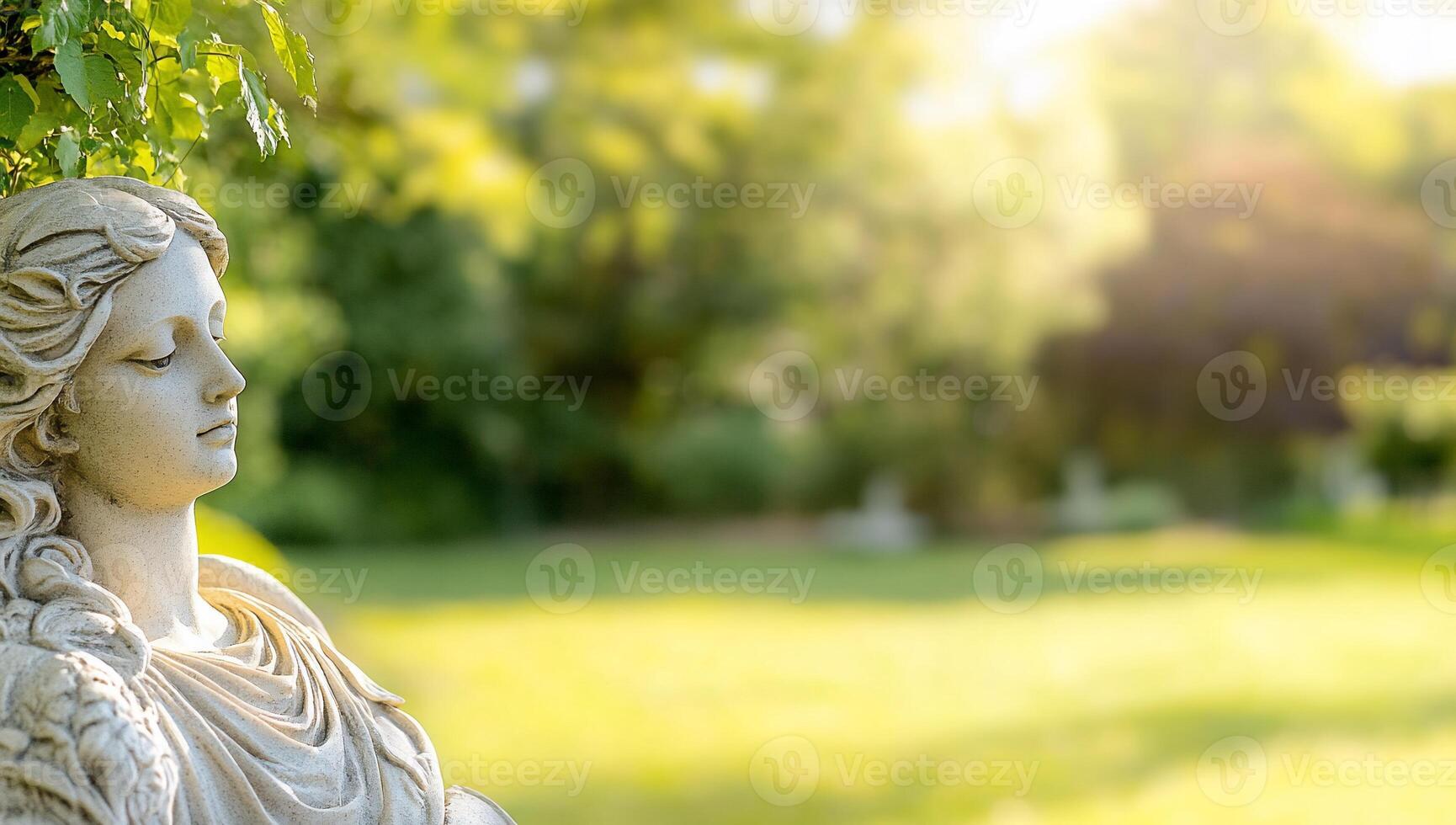 A serene garden scene featuring a statue amidst lush greenery. photo