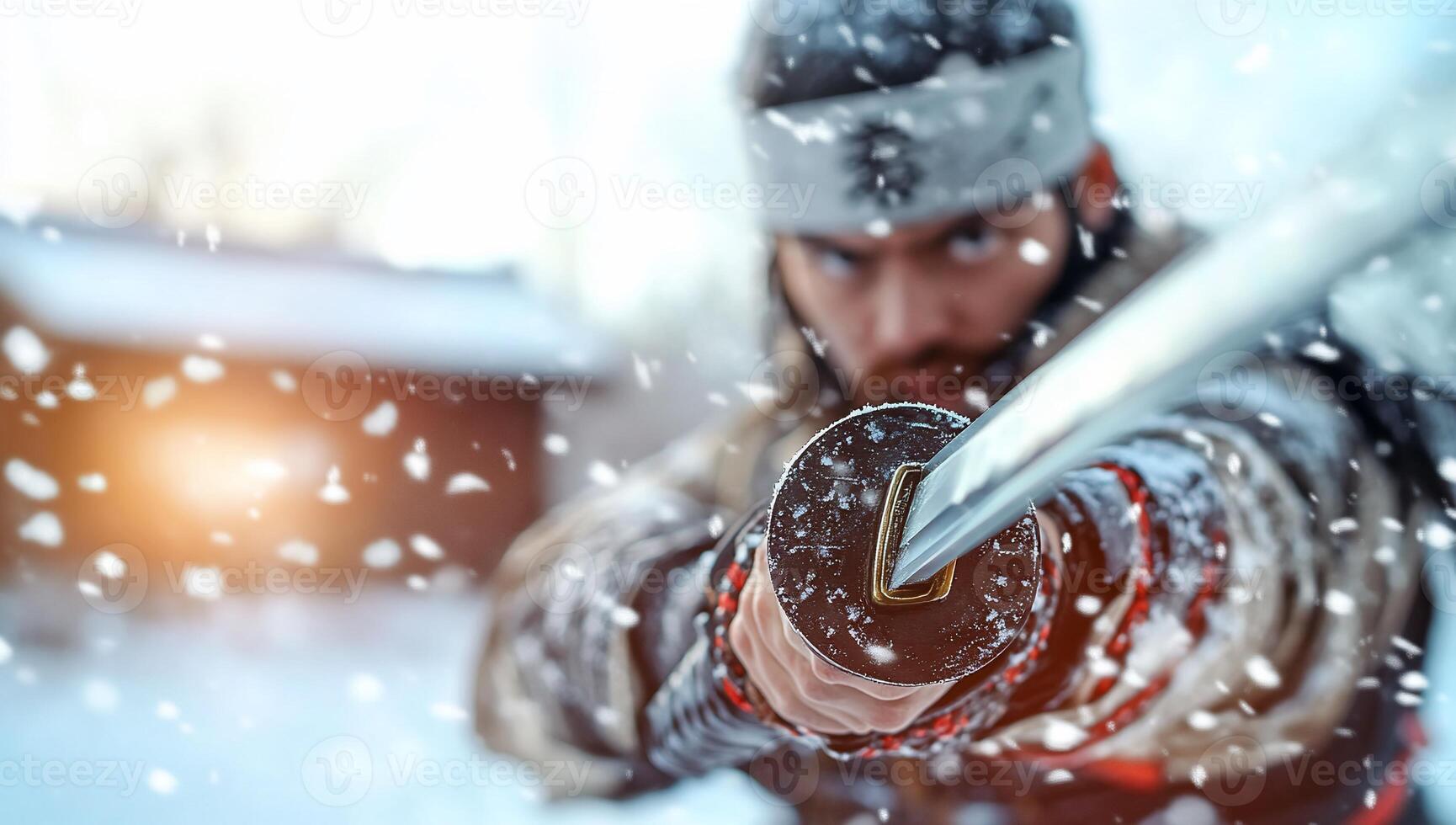A warrior aiming a sword in a snowy landscape. photo