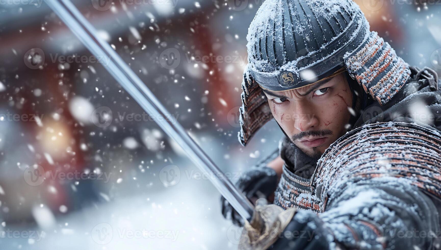 A warrior in traditional armor stands ready in a snowy landscape. photo