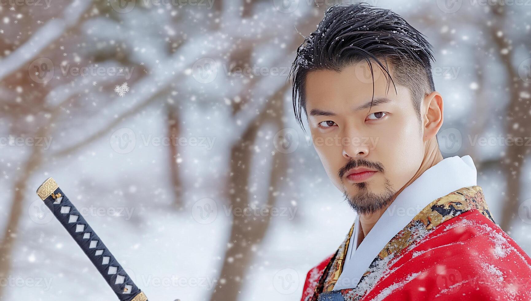 A man in traditional attire stands in a snowy landscape, holding a sword. photo