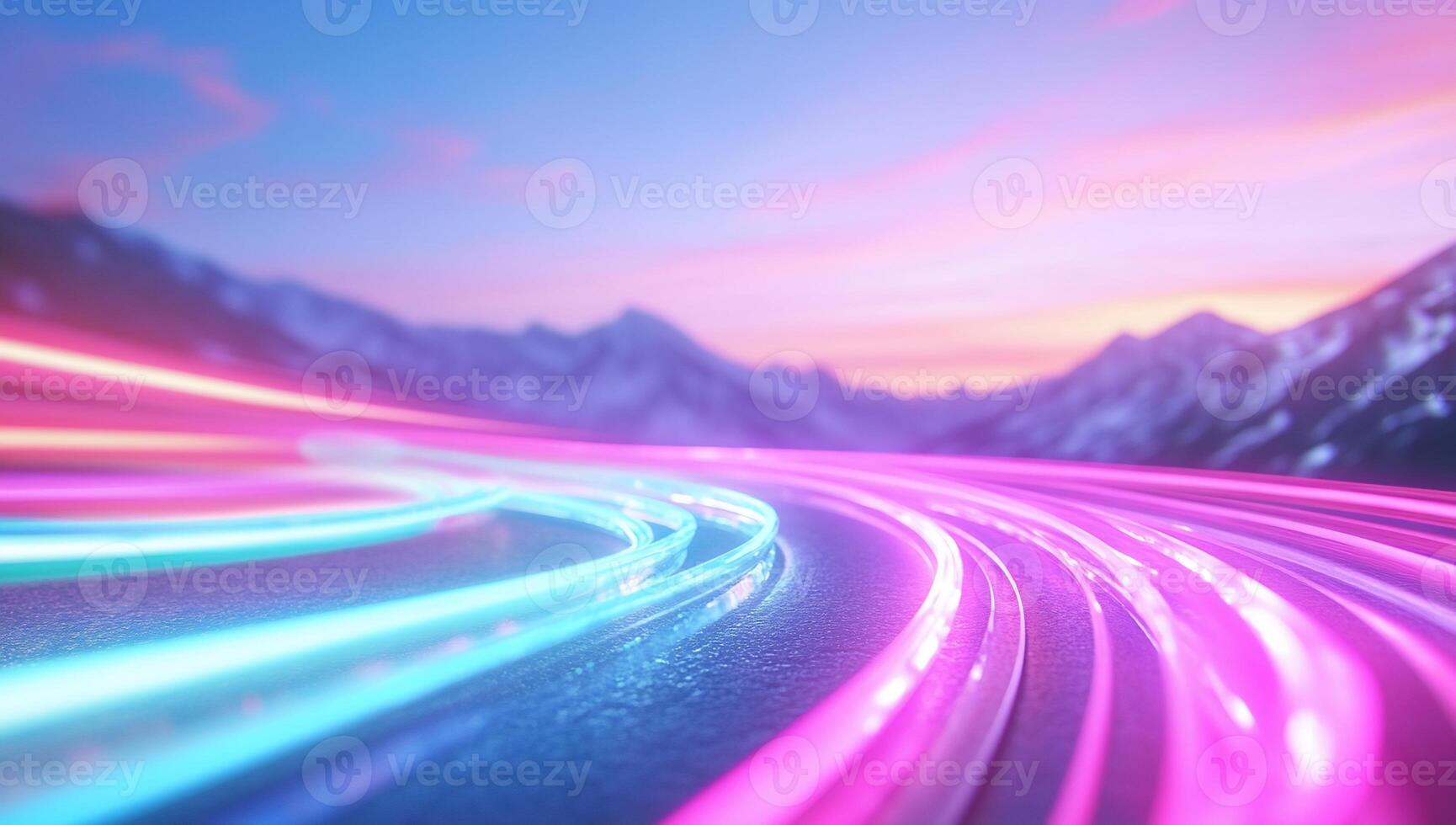 Vibrant light trails winding through a mountainous landscape at sunset. photo