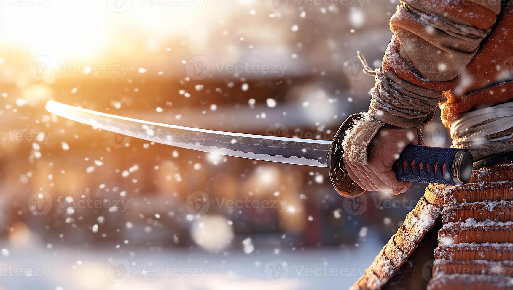 A warrior holds a sword amidst falling snow and a glowing sunset. photo