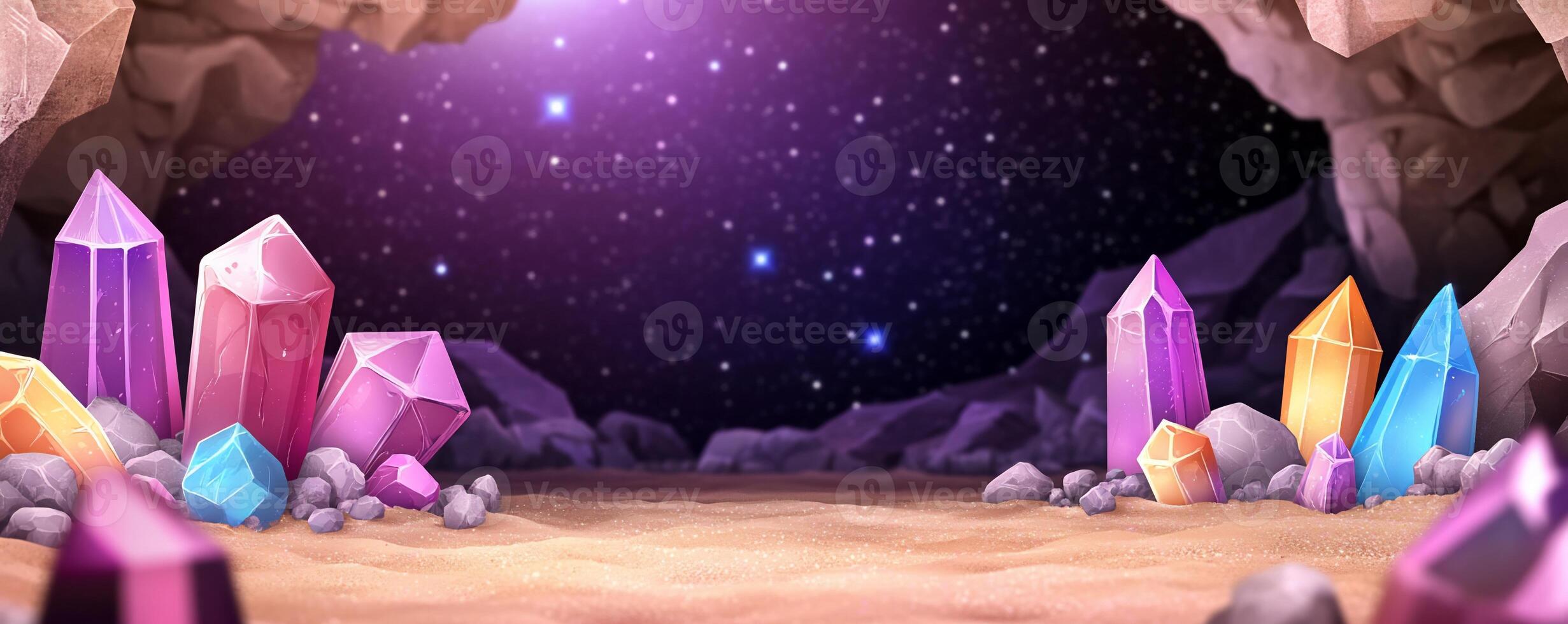 A mystical cave filled with colorful crystals under a starry sky. photo