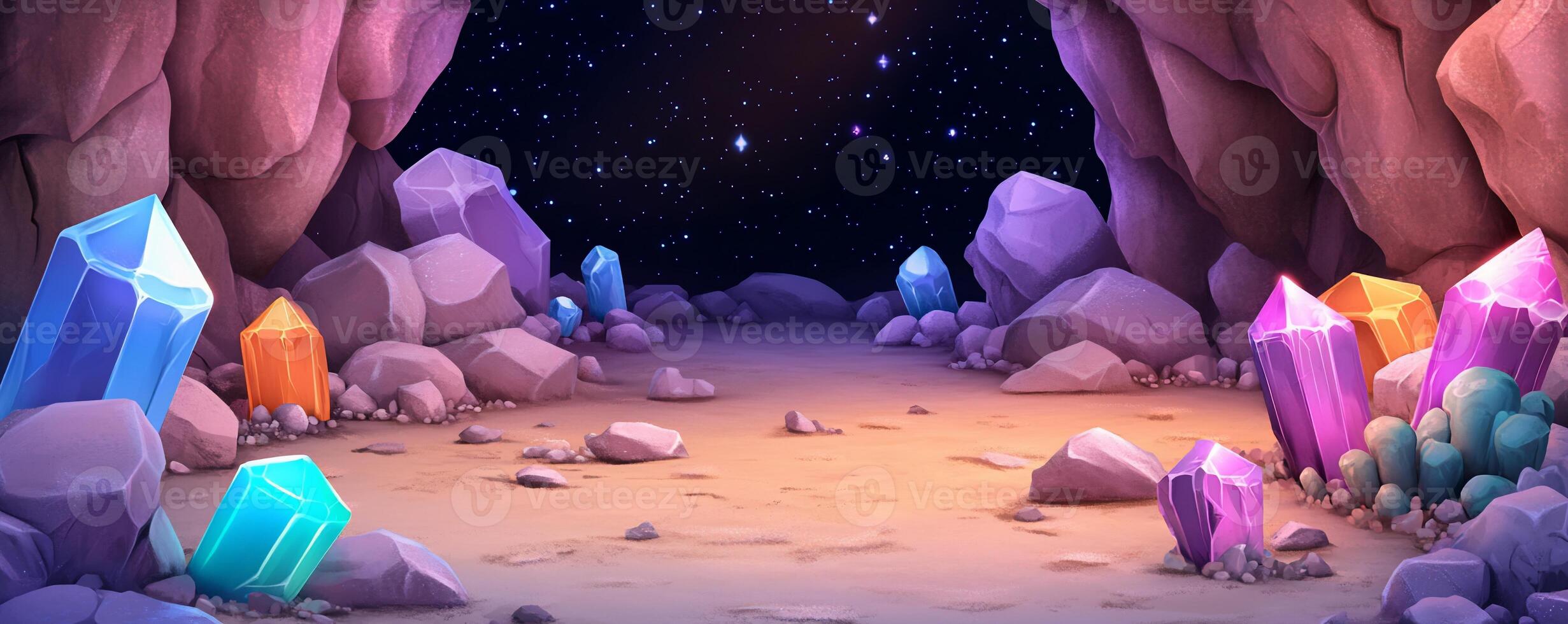 A vibrant cave filled with colorful crystals and a starry background. photo