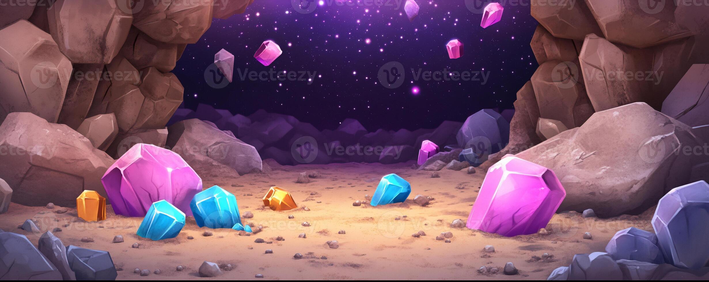 A cave-like setting with colorful crystals under a starry sky. photo
