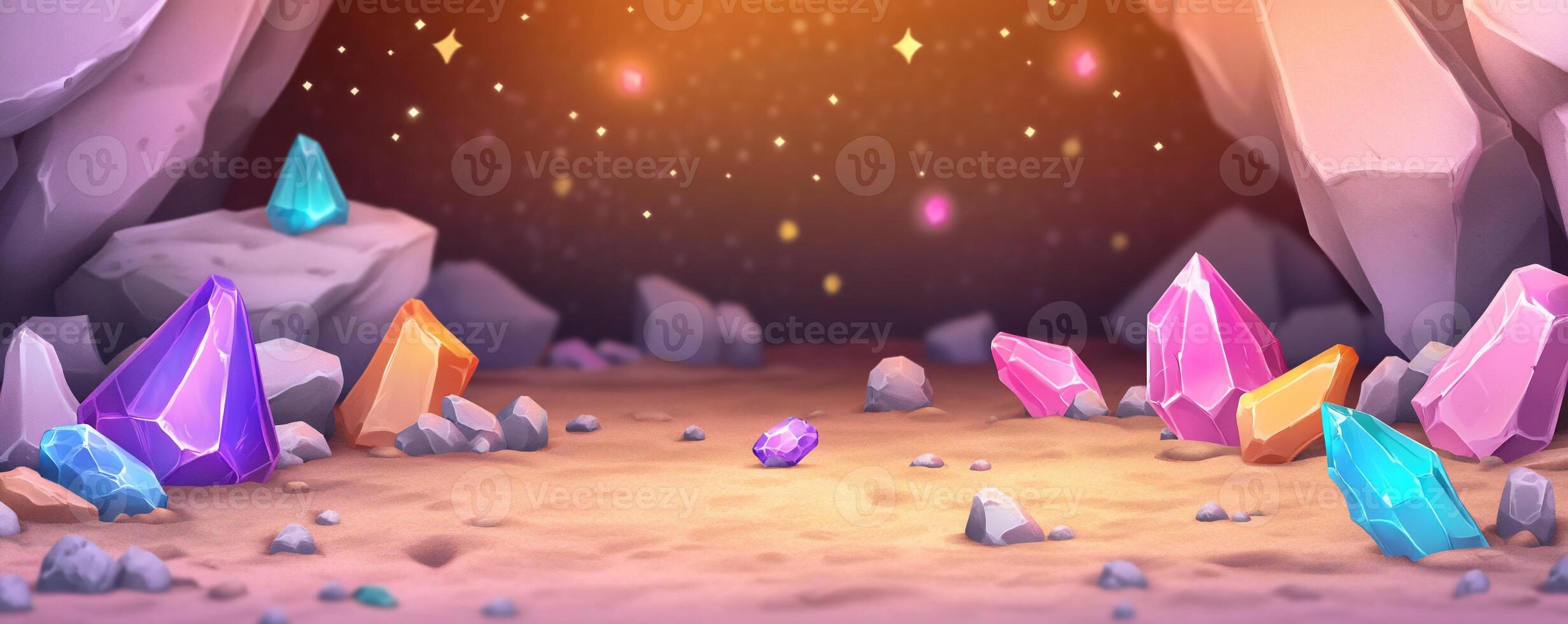 A vibrant cave scene with colorful crystals scattered on the ground. photo