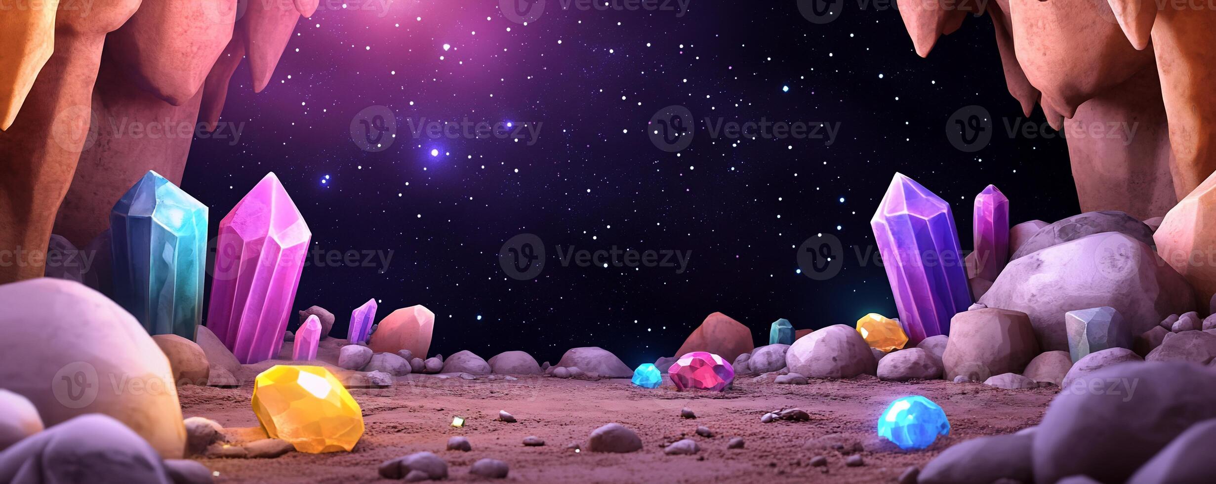 A vibrant cave filled with colorful crystals under a starry sky. photo
