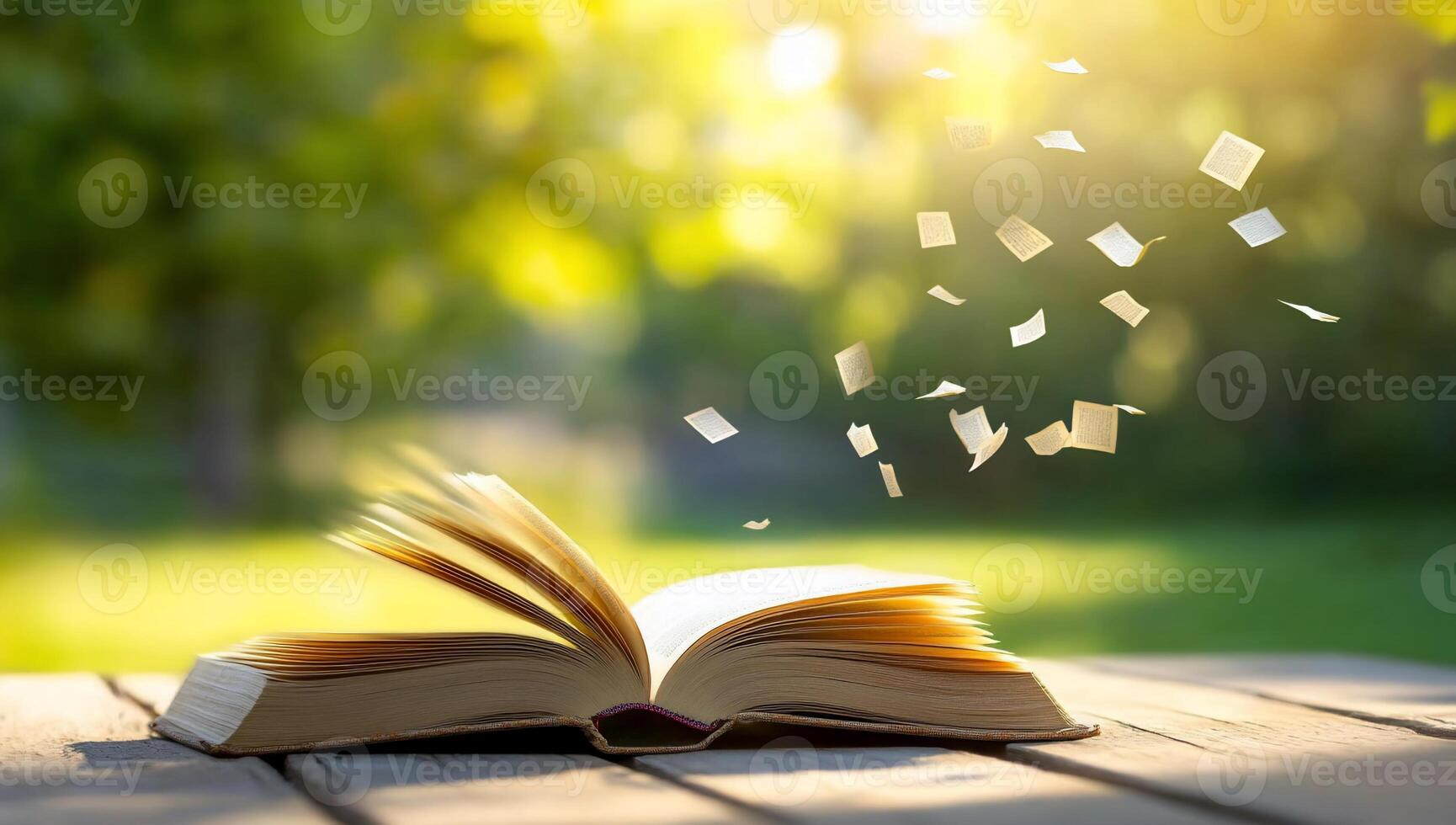 An open book with flying pages in a sunlit outdoor setting. photo