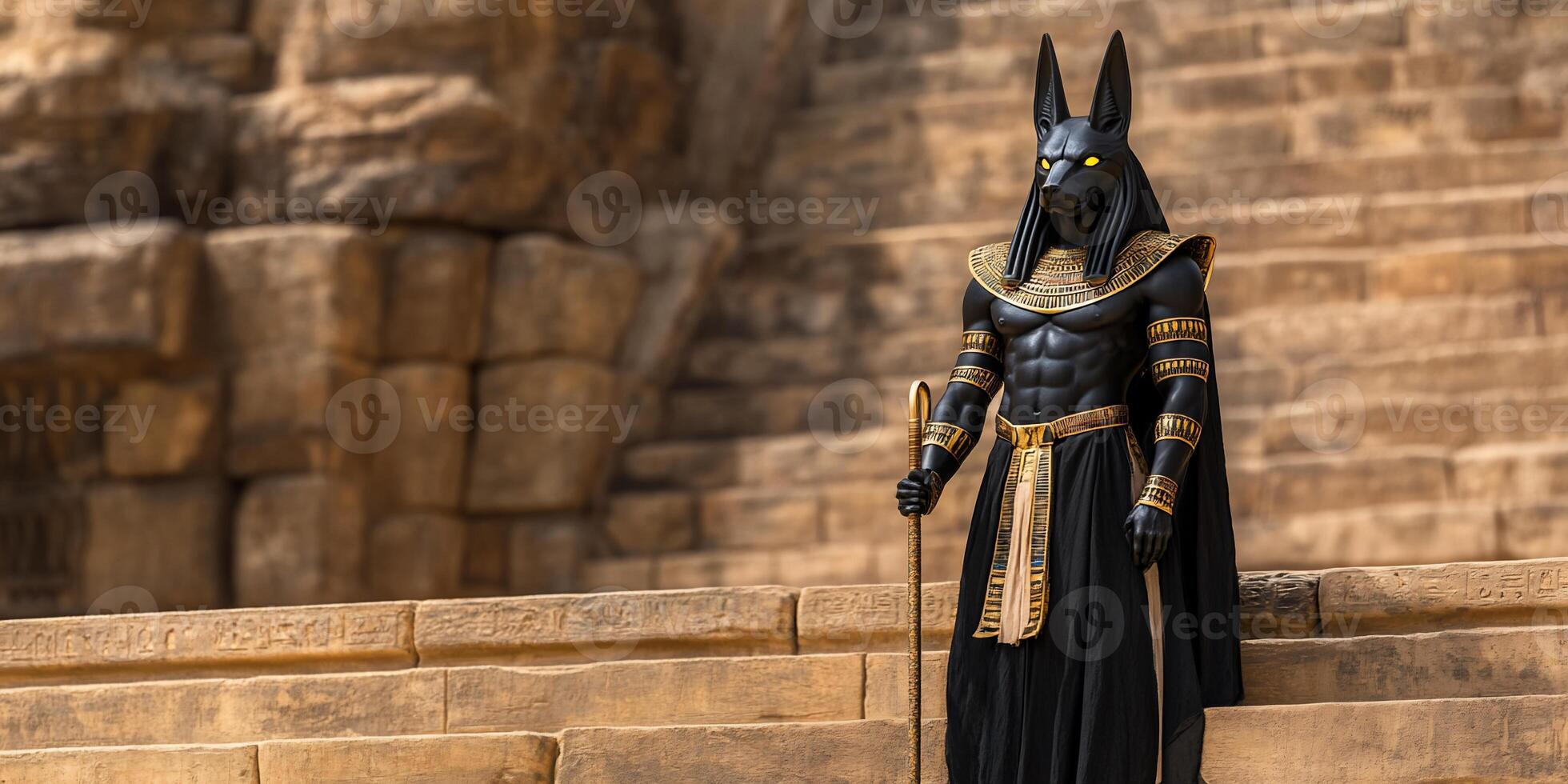 A stylized figure of Anubis stands on ancient stone steps. photo