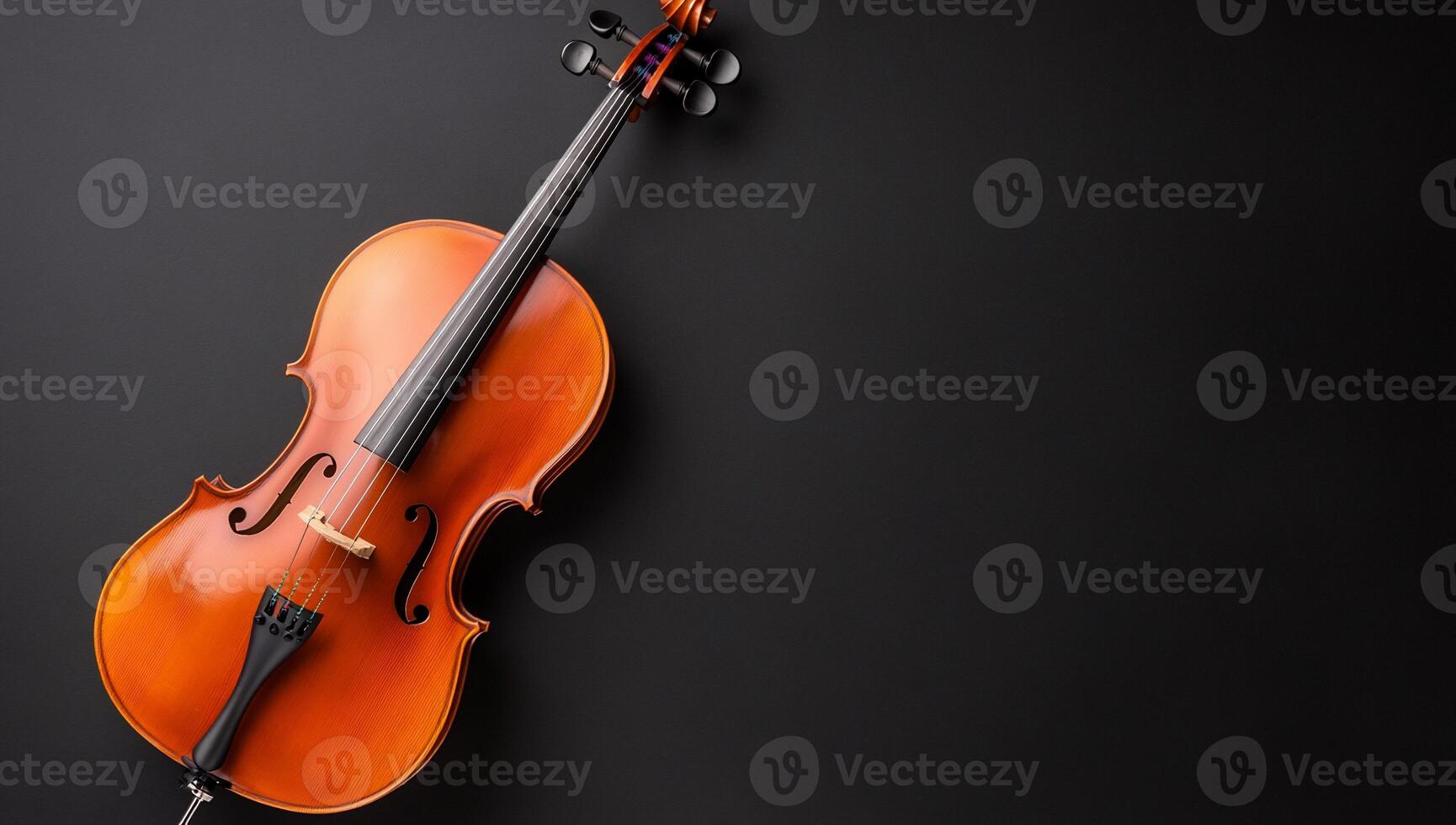 A close-up of a violin resting on a dark surface. photo
