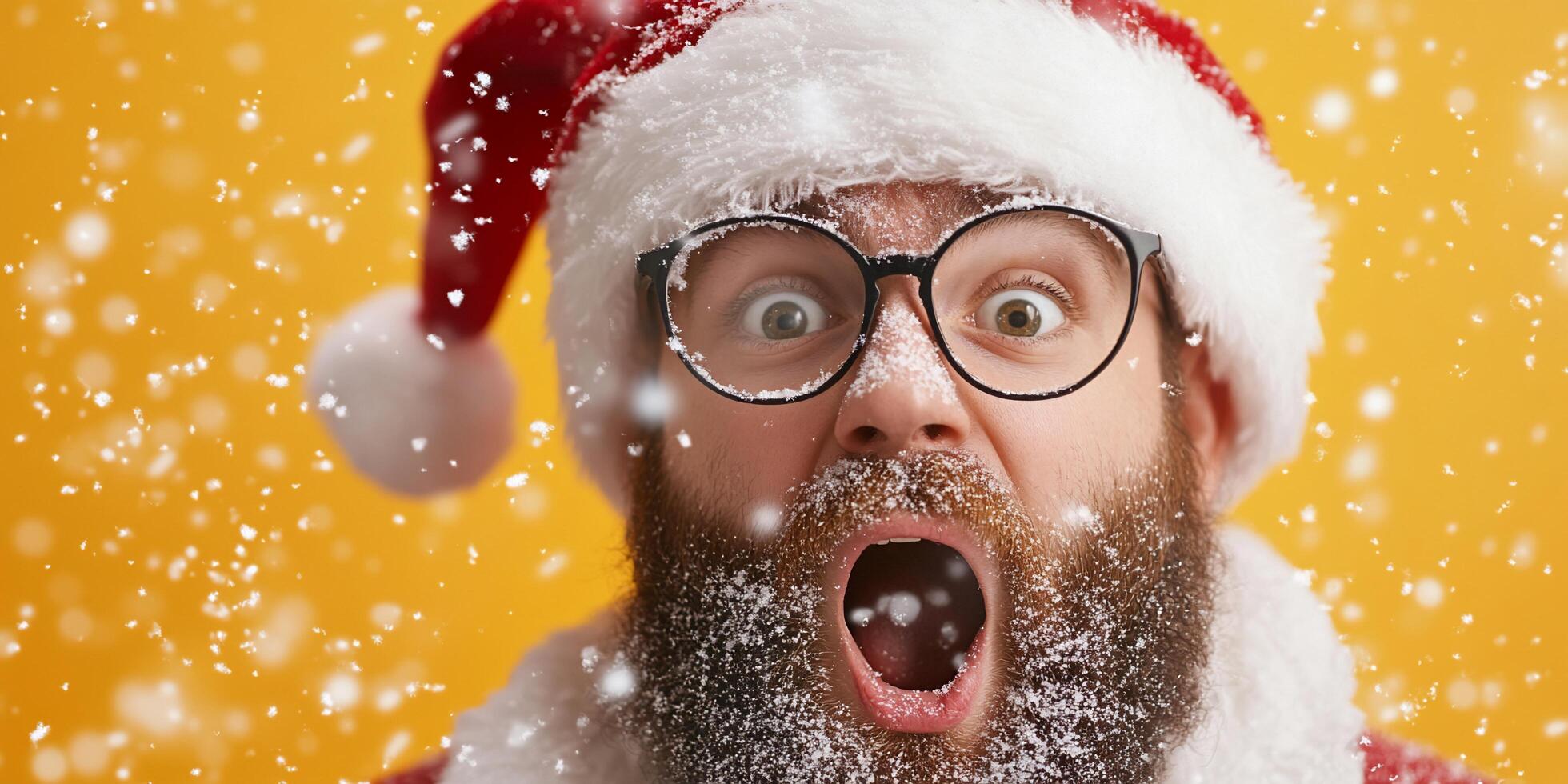 A surprised man in a Santa hat with a snowy background. photo