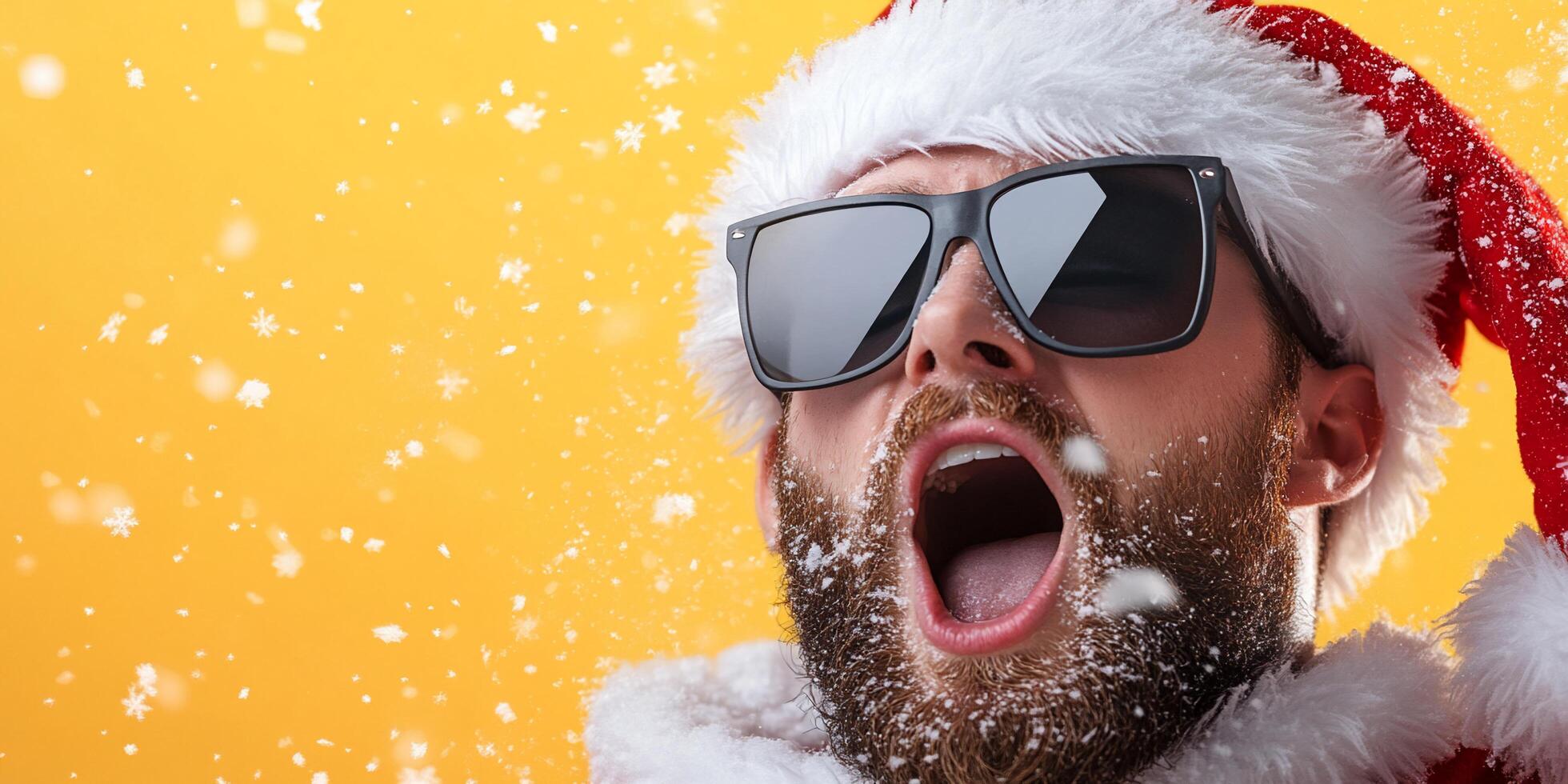 A man in a Santa hat and sunglasses enjoying a snowy scene. photo