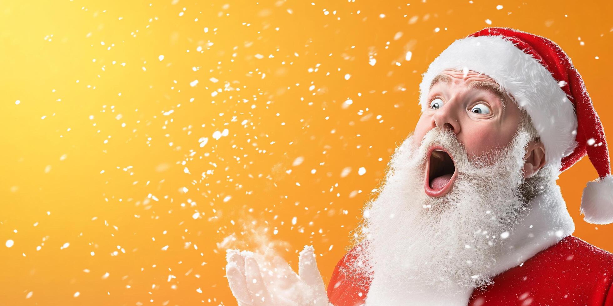 A joyful Santa Claus with a surprised expression, celebrating Christmas. photo