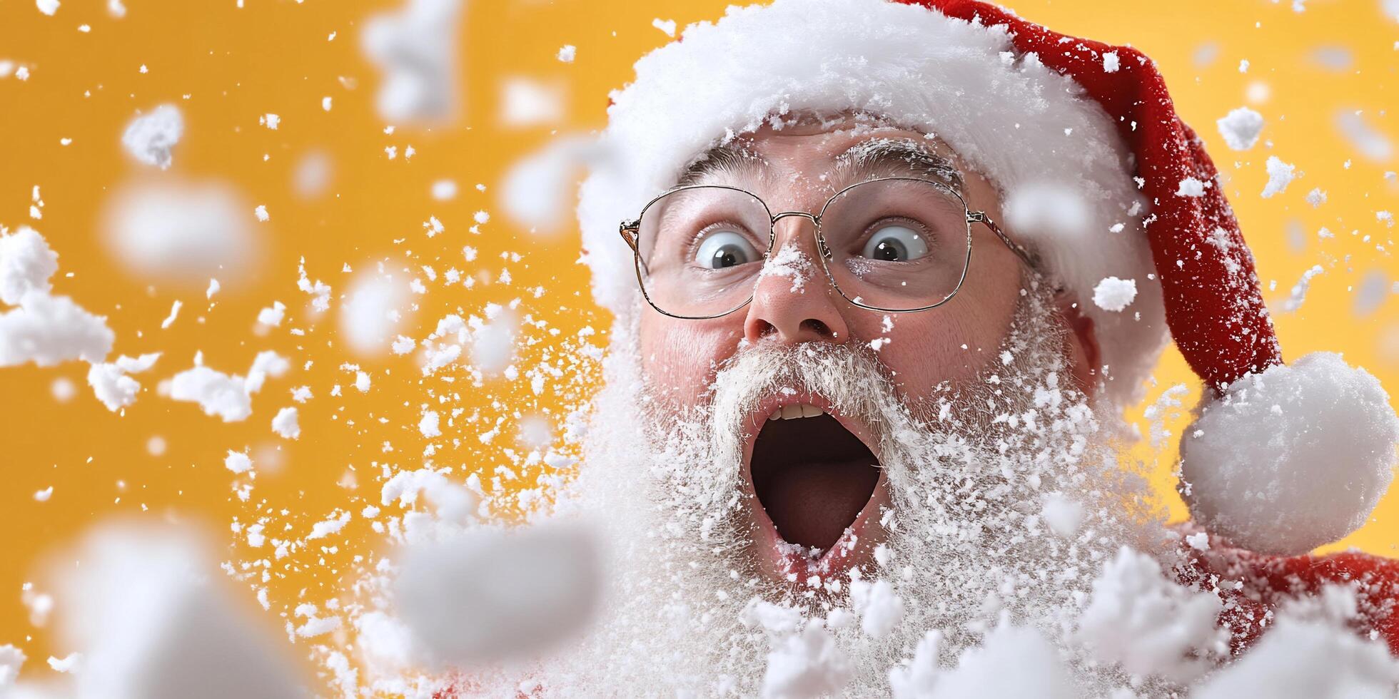 A surprised Santa Claus surrounded by falling snowflakes. photo