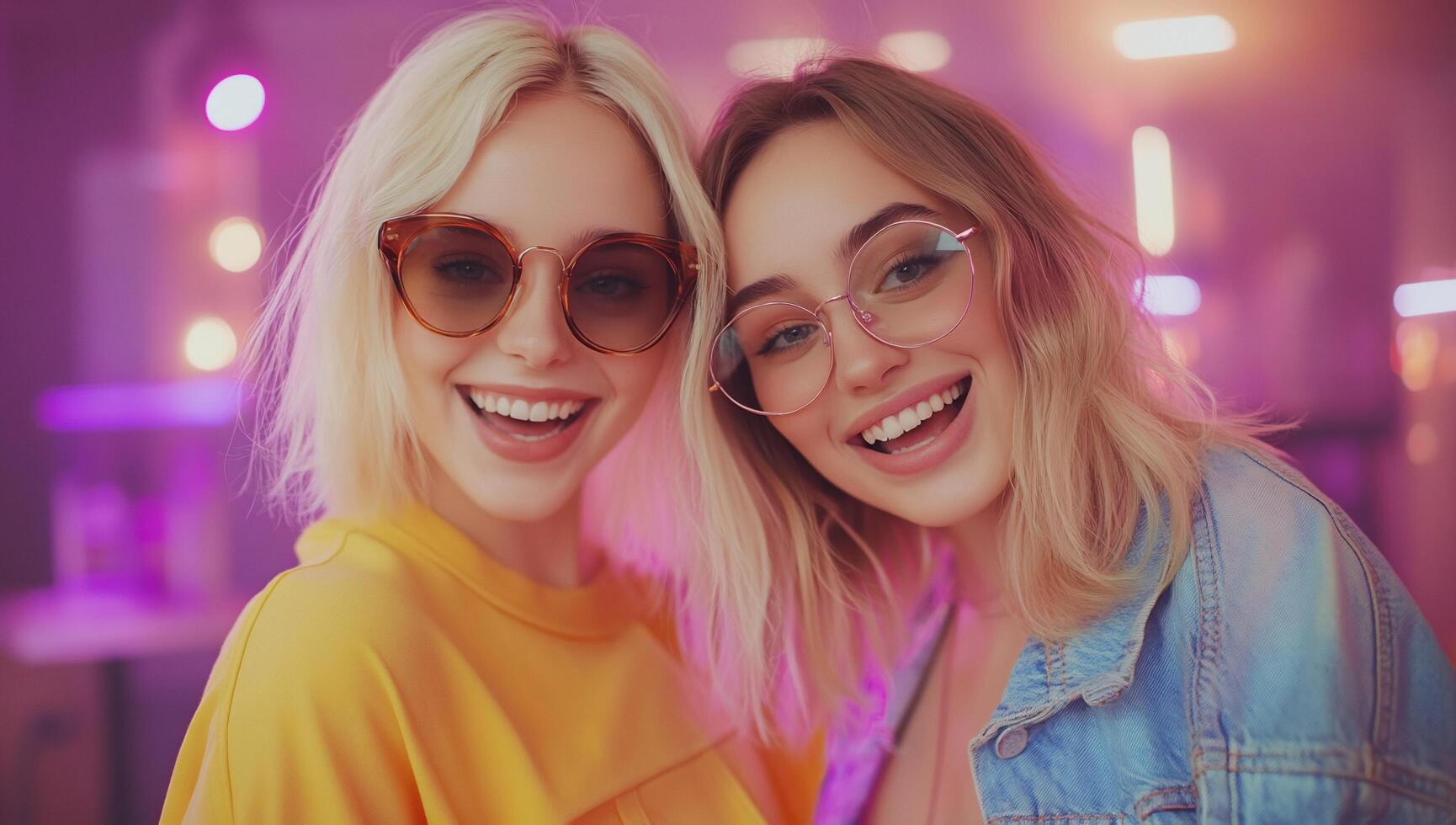 Two smiling friends wearing sunglasses in a vibrant, colorful setting. photo