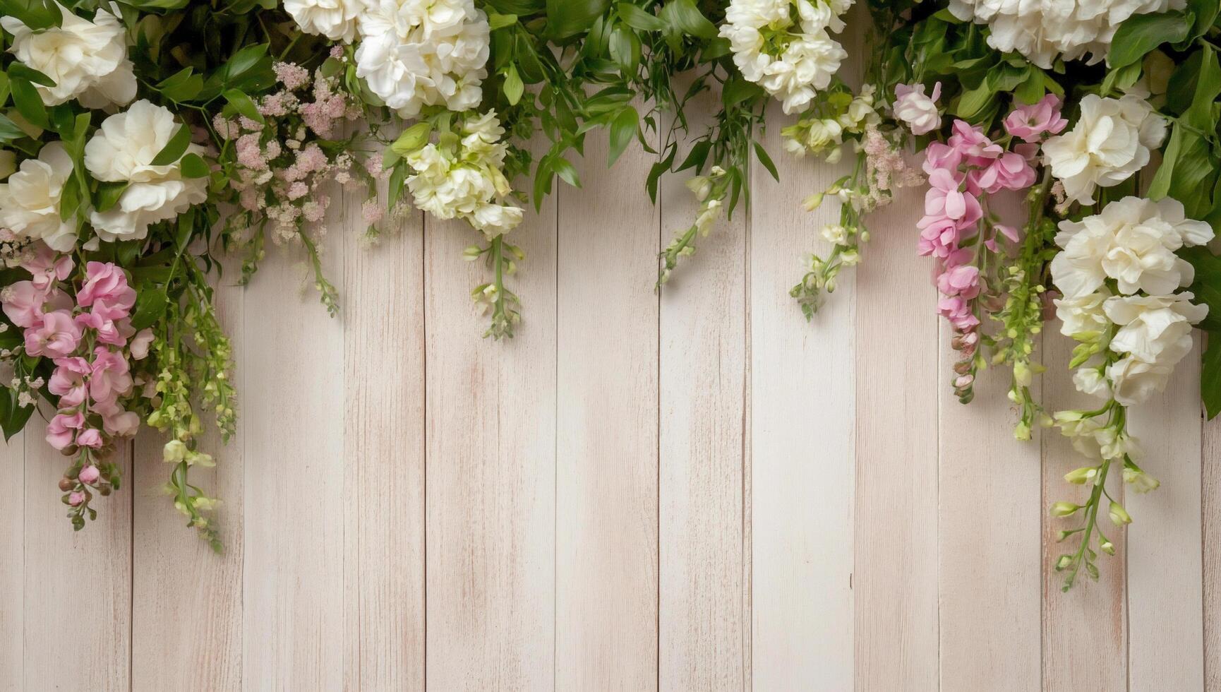 Floral arrangement with white and pink flowers against a wooden background. photo