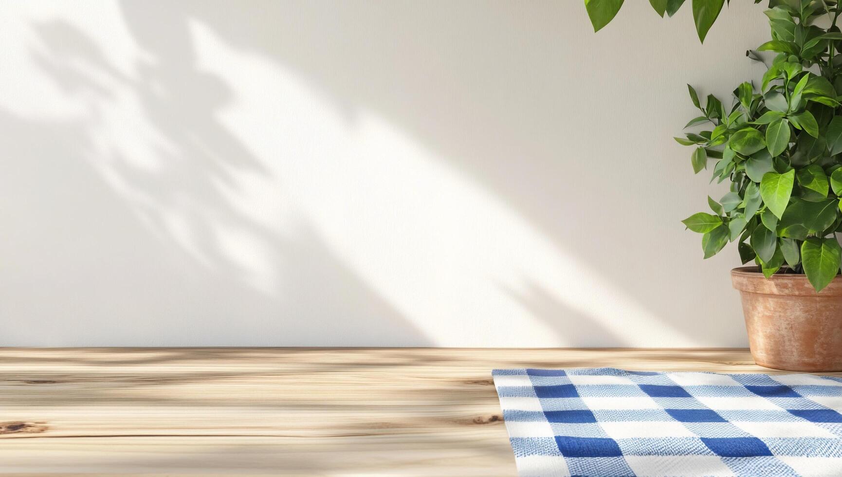 A serene indoor setting with a plant and checkered tablecloth. photo