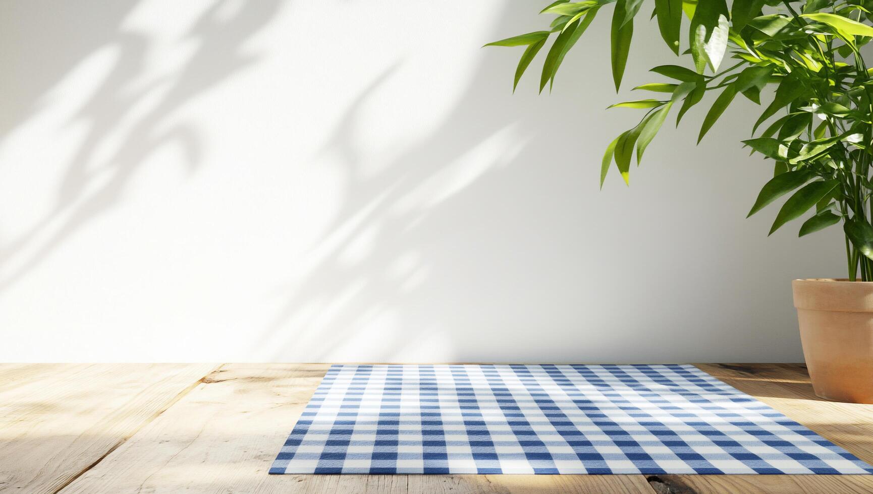 A serene indoor setting with a checkered mat and a potted plant. photo