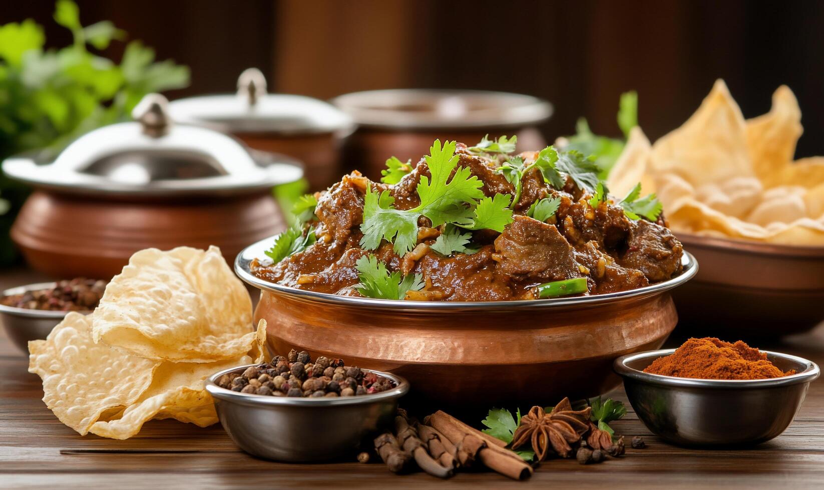 A vibrant dish of meat curry garnished with herbs, served with snacks. photo