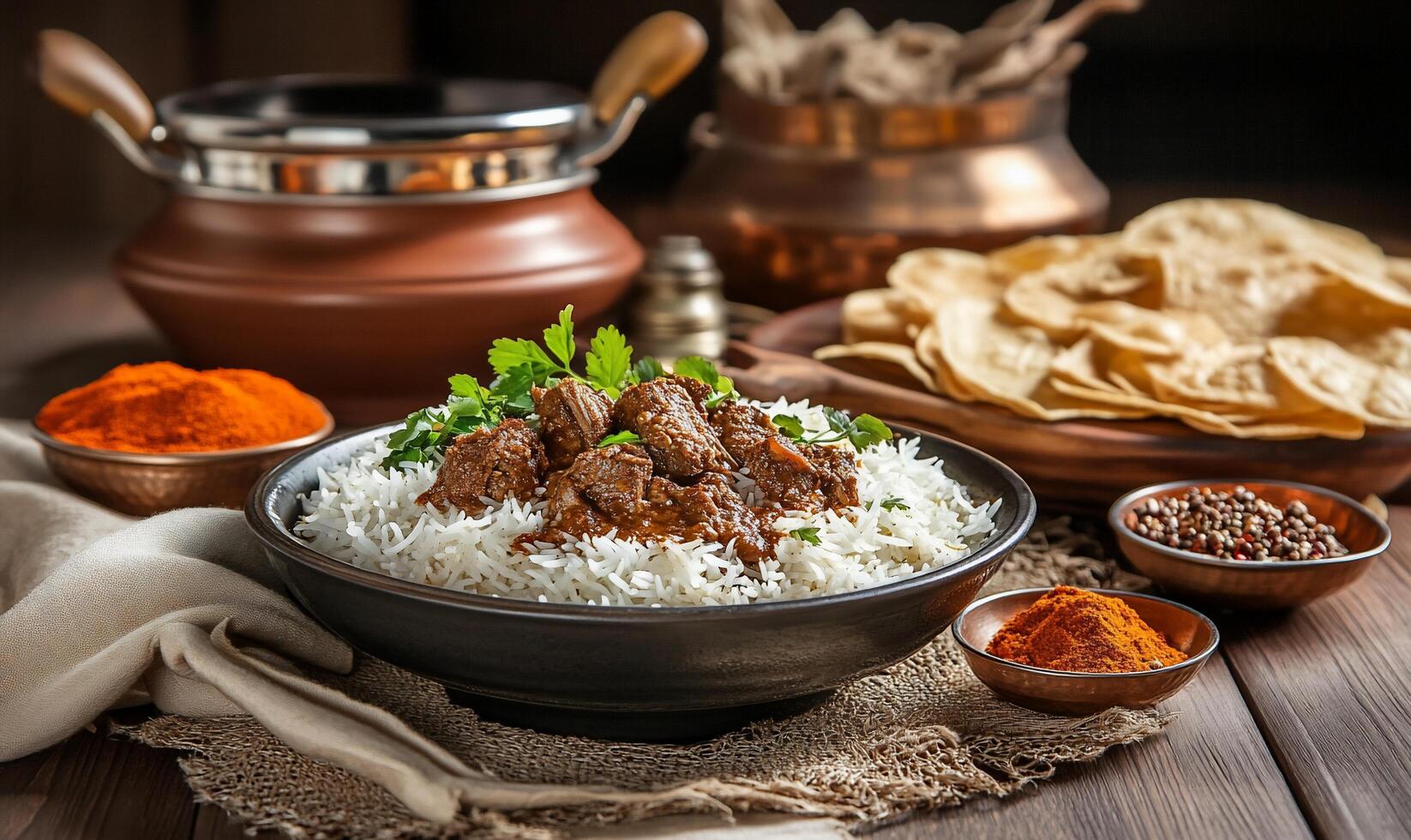 A delicious meal featuring rice, meat, spices, and crispy bread. photo