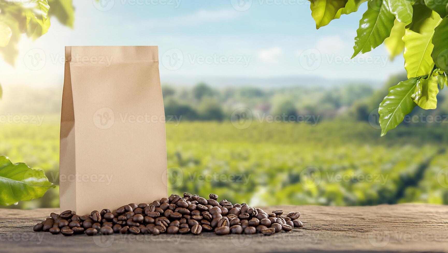 Coffee beans in a paper bag on a wooden table with green leaves photo