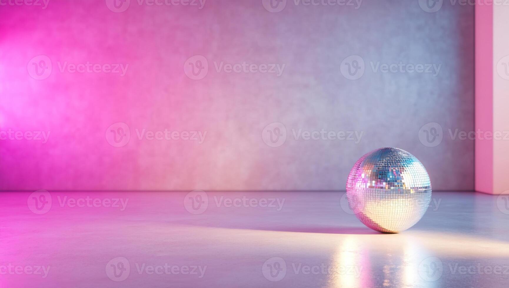 A reflective disco ball on a minimalist floor with colorful lighting. photo
