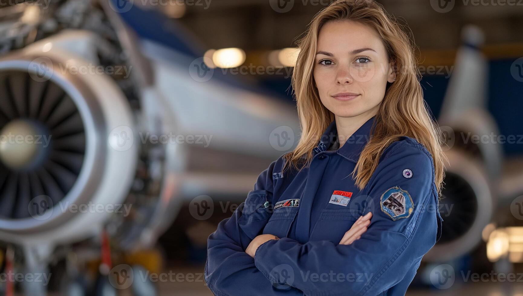 A confident woman in a blue jumpsuit stands in front of an aircraft engine. photo