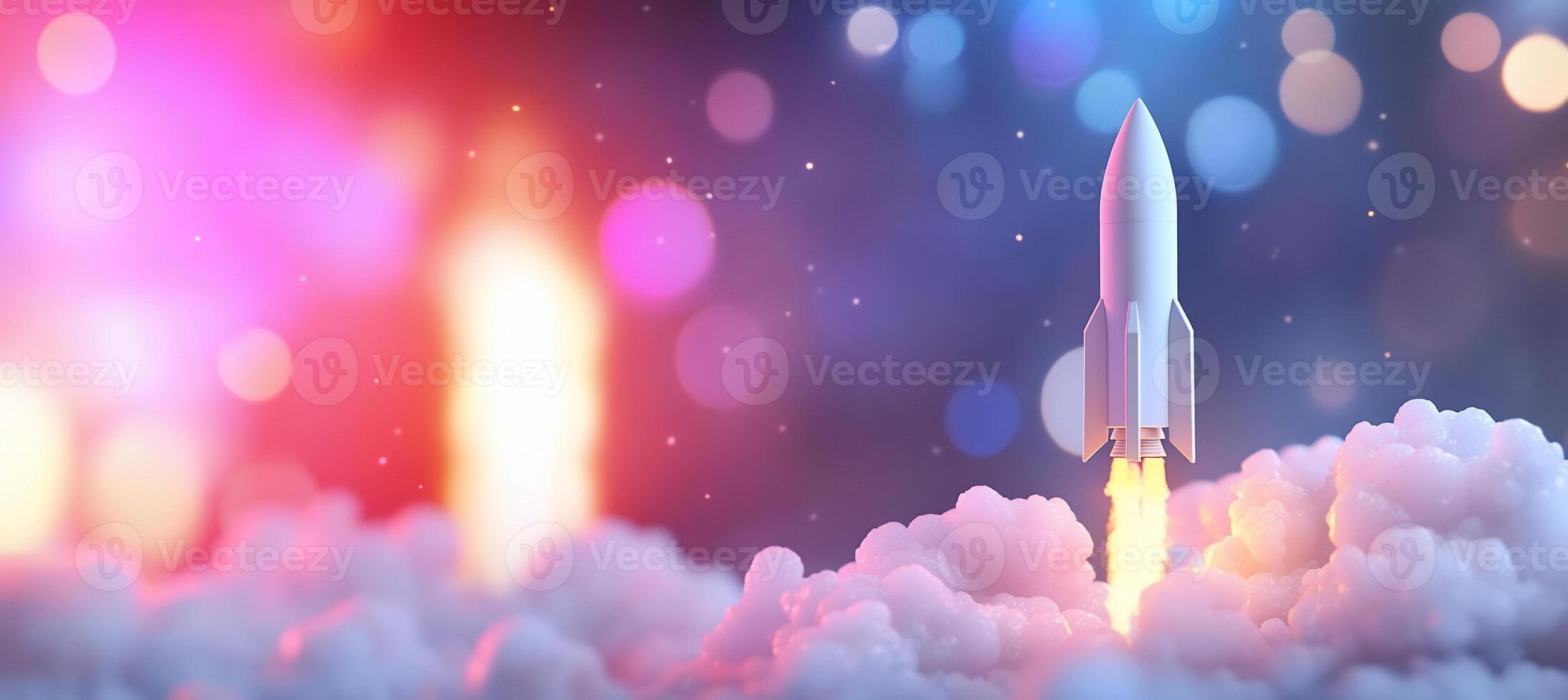 A rocket launching into a colorful, dreamy space environment. photo