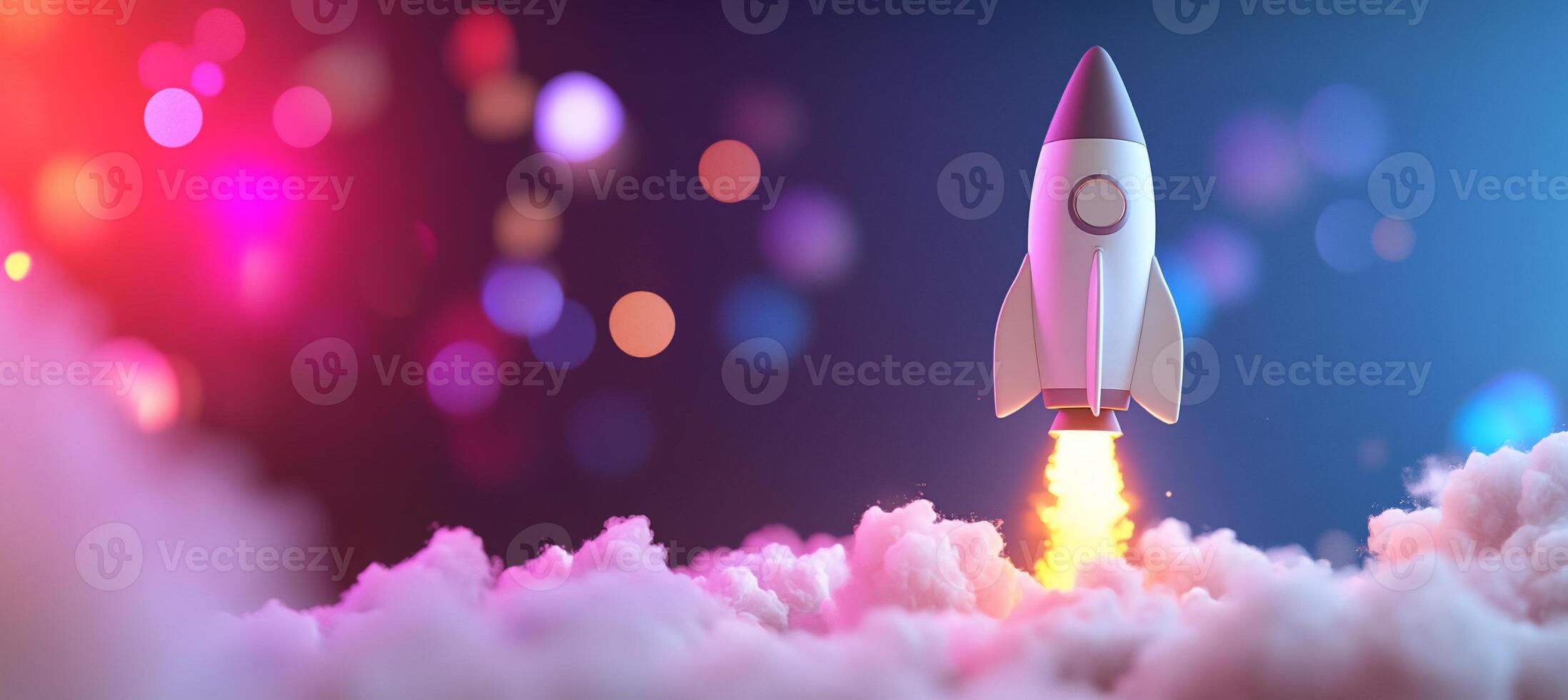 A rocket launching amidst colorful clouds and lights. photo