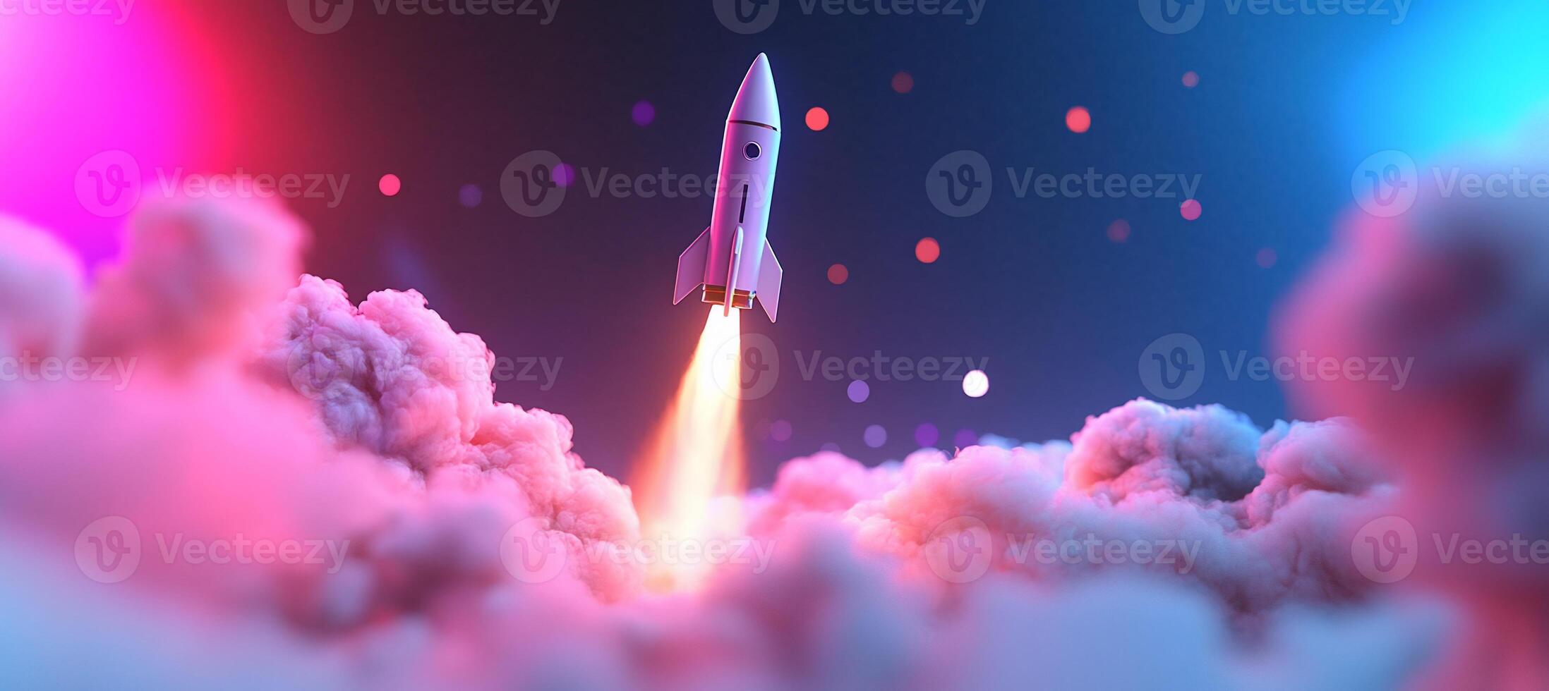 A rocket launches into a colorful, cloud-filled space scene. photo