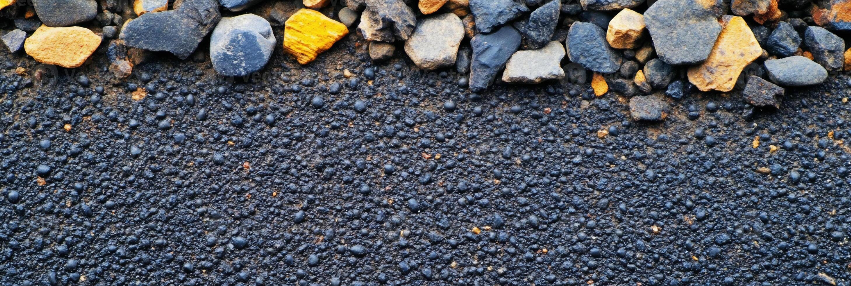 Close-up of textured asphalt with scattered pebbles along the edge. photo