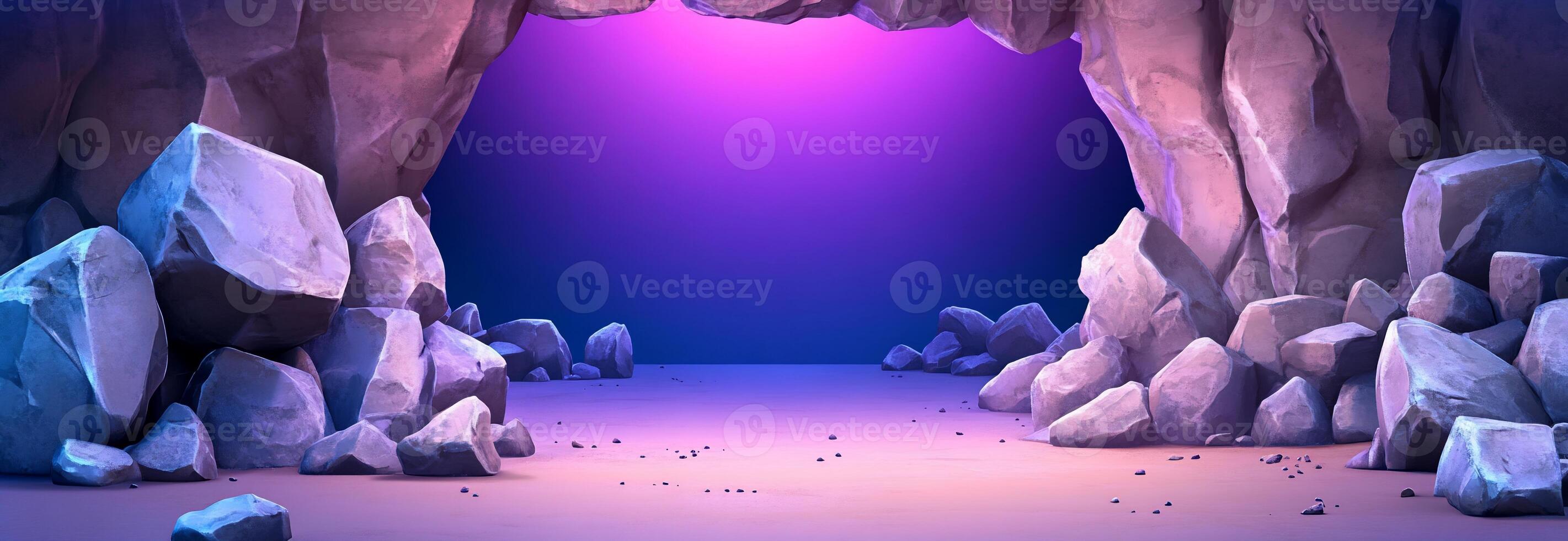 An animated cave with a purple light coming out of it photo