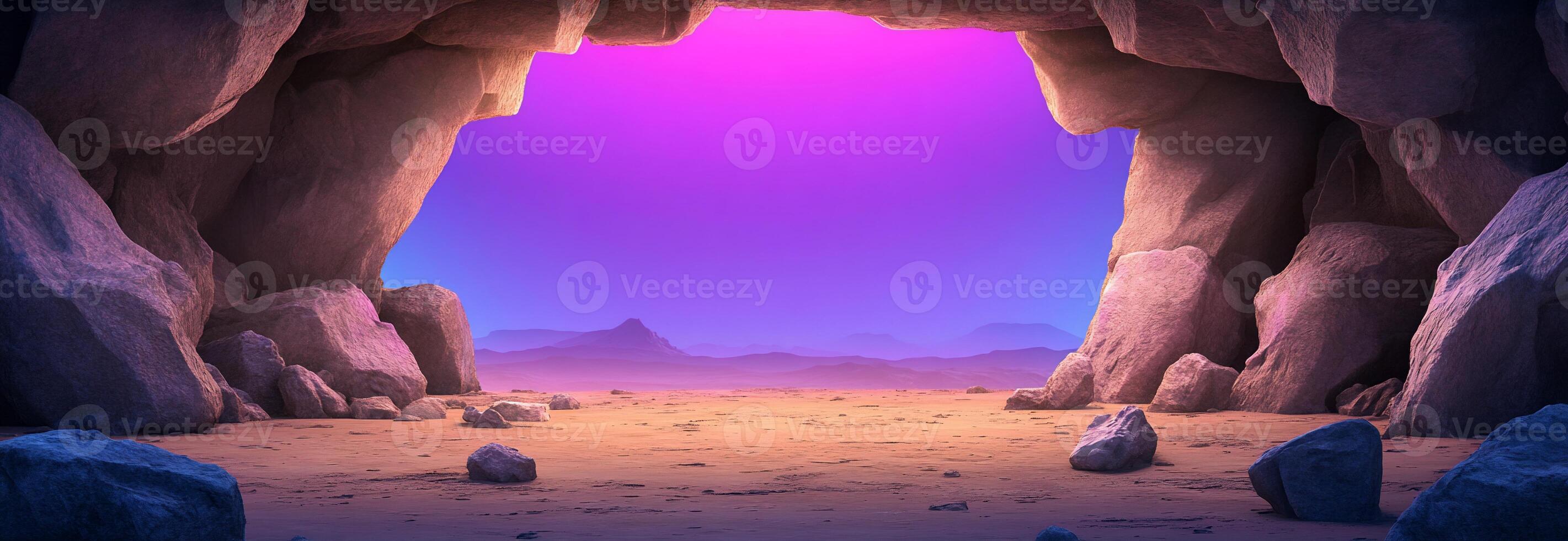 An image of a cave with rocks and a purple light photo