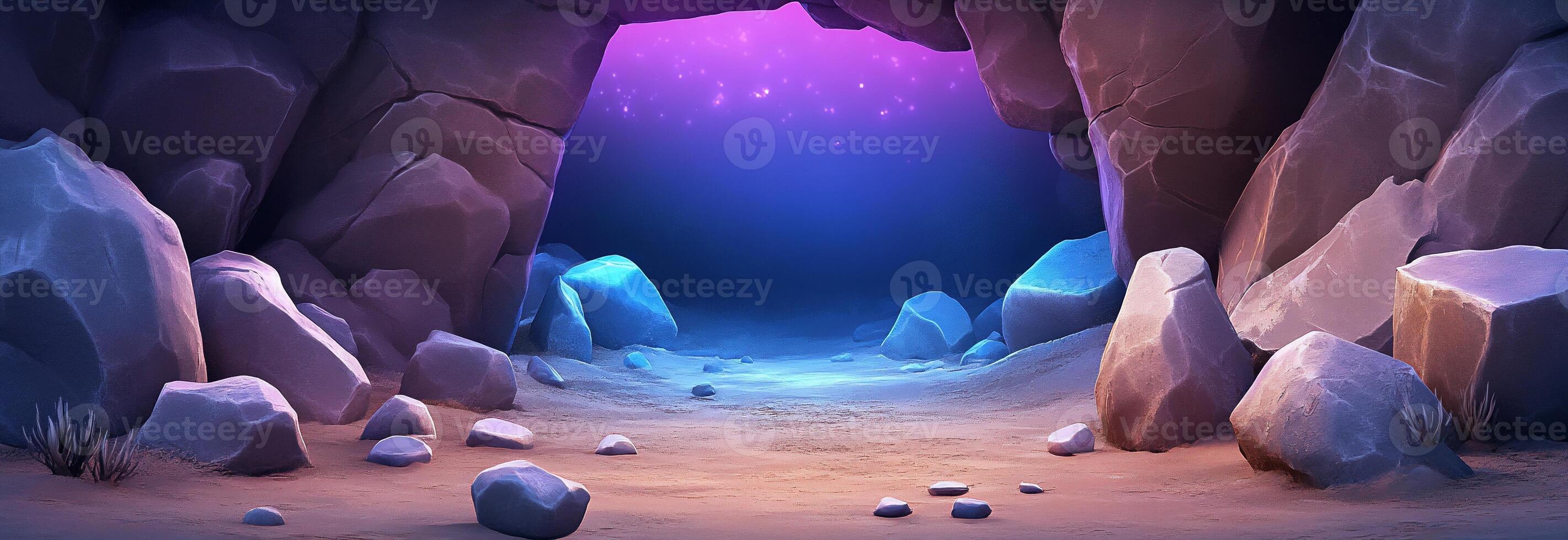 An animated cave scene with rocks and water photo