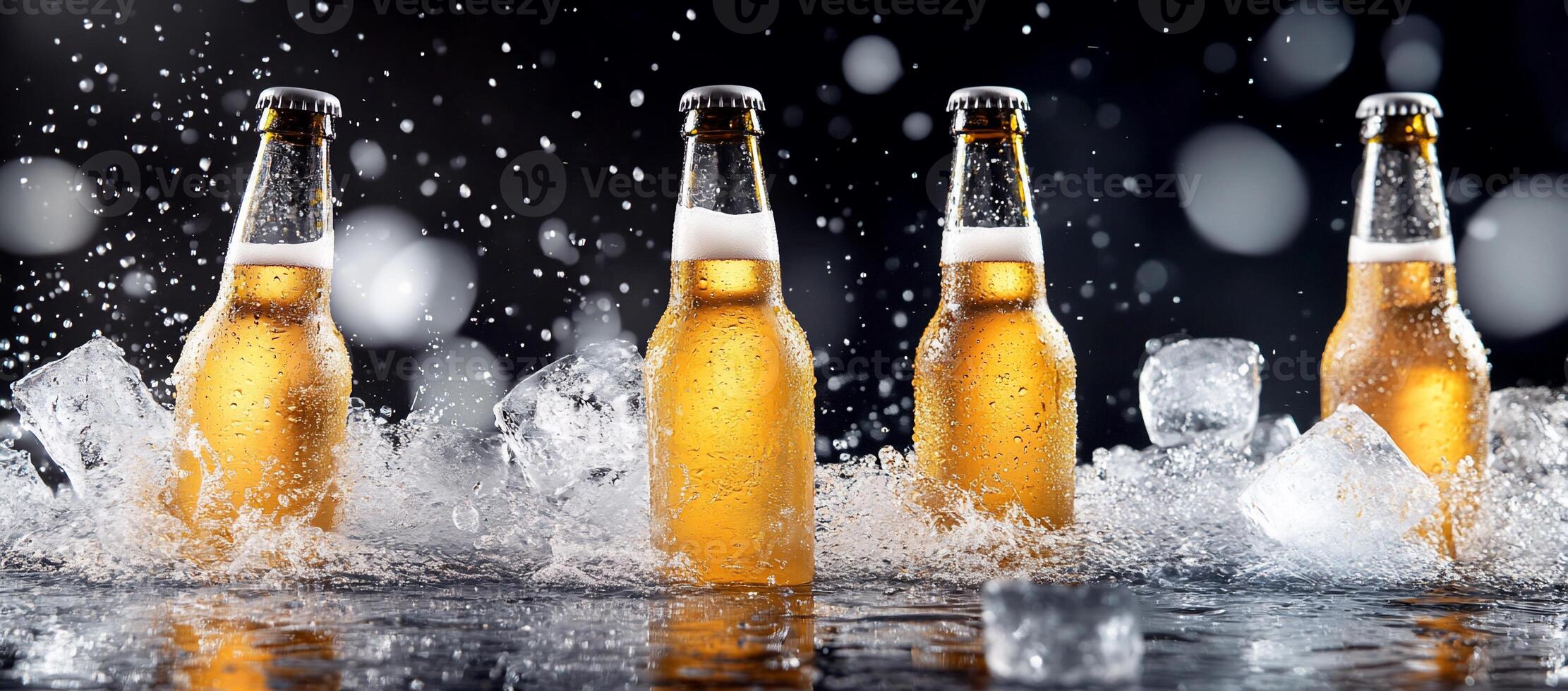 Beer bottles in water with ice photo