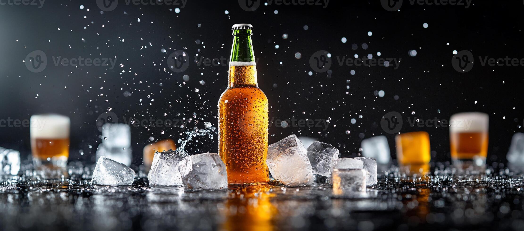 A bottle of beer and ice cubes on a black background photo
