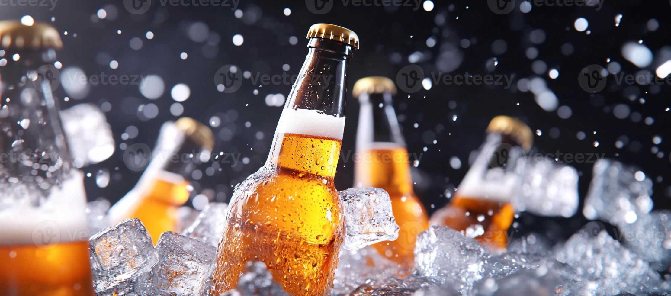 Beer bottles in ice with water falling on them photo