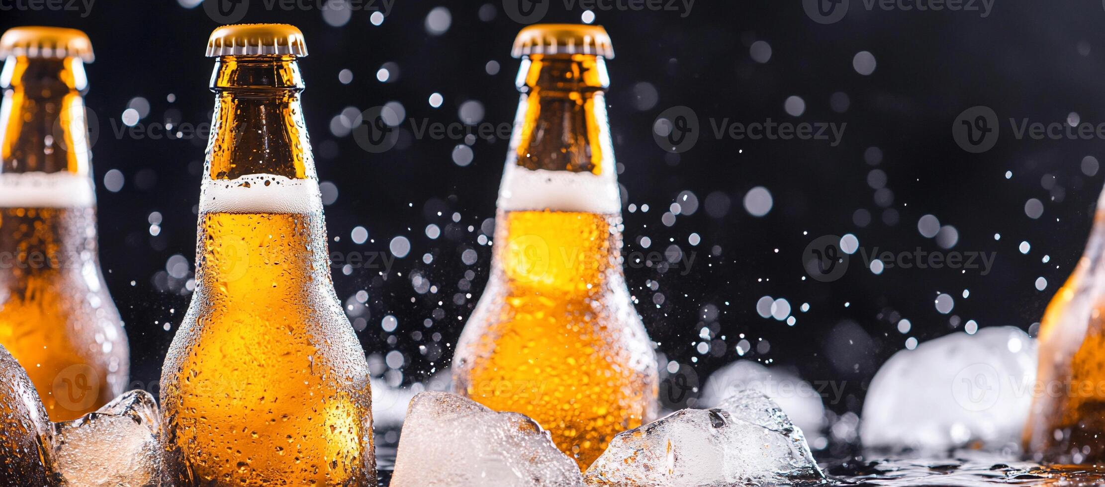 Beer bottles in the rain with ice photo