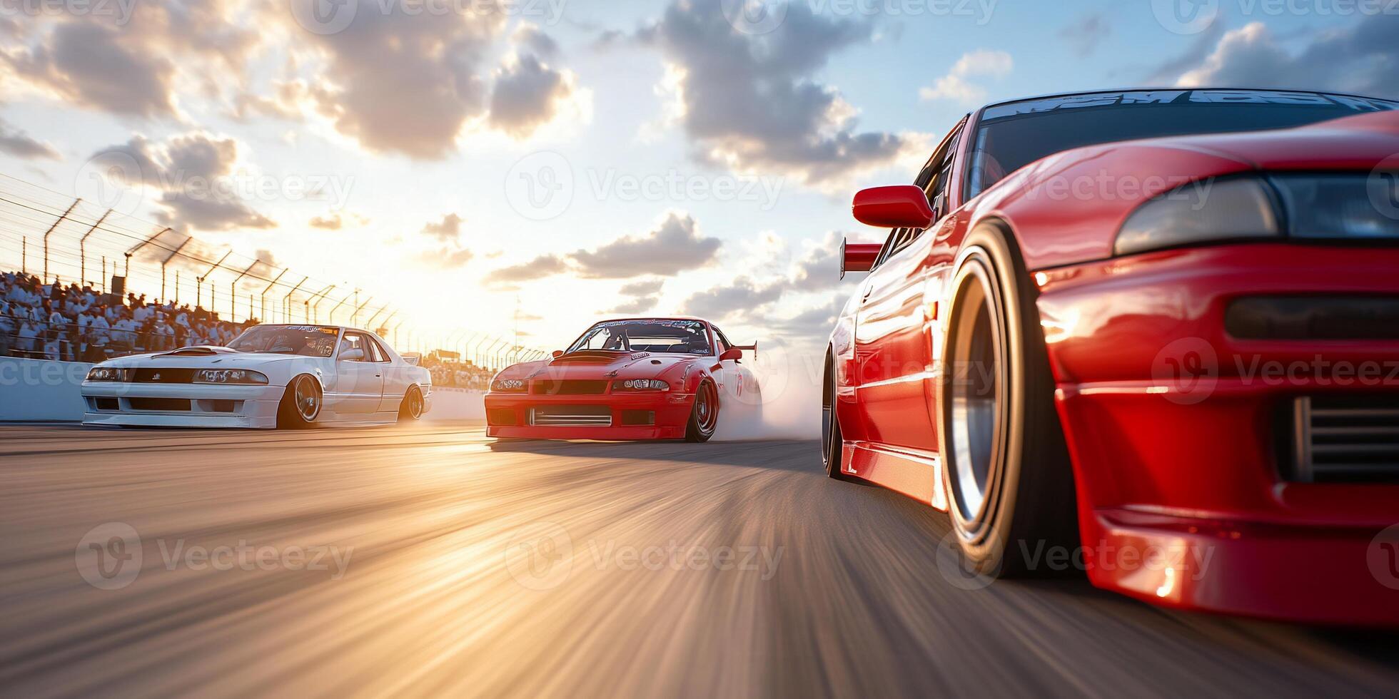 Three cars racing on a track at sunset photo