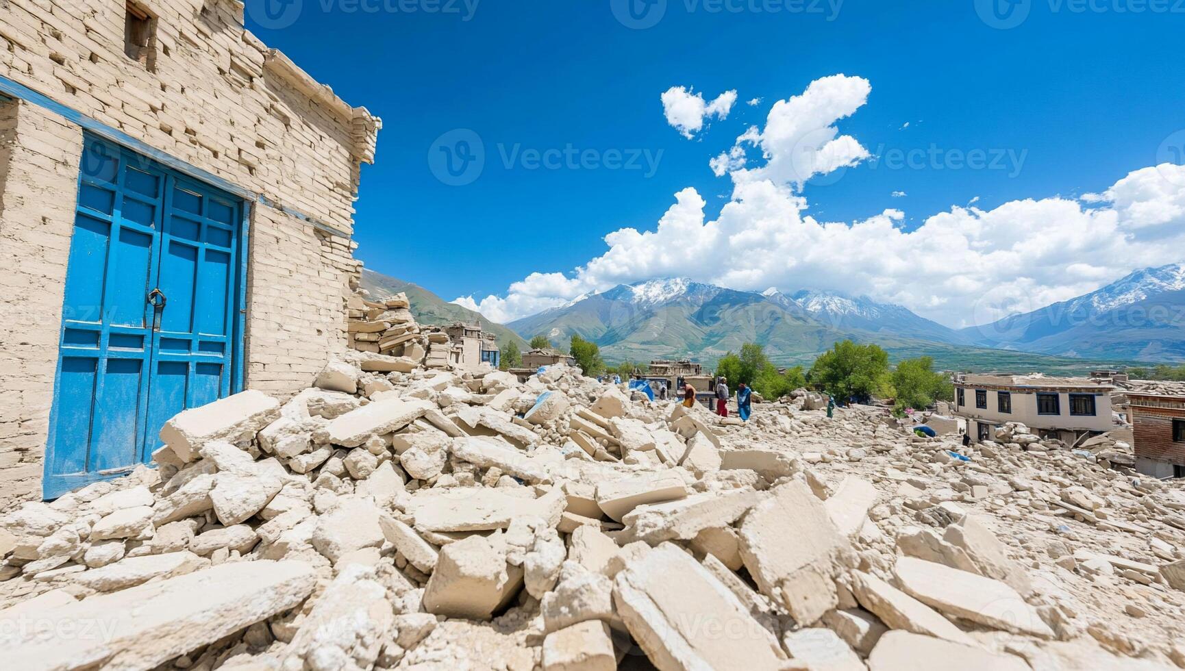 A scene of destruction from an earthquake in a mountainous region. photo