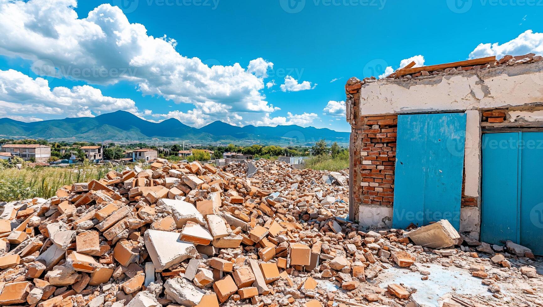 A landscape of destruction with rubble and a damaged building. photo