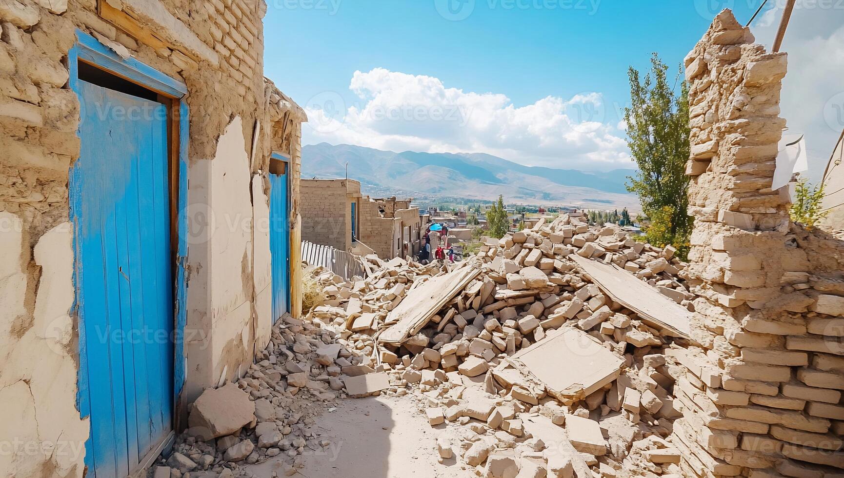 Ruins of a collapsed building with debris and blue doors. photo