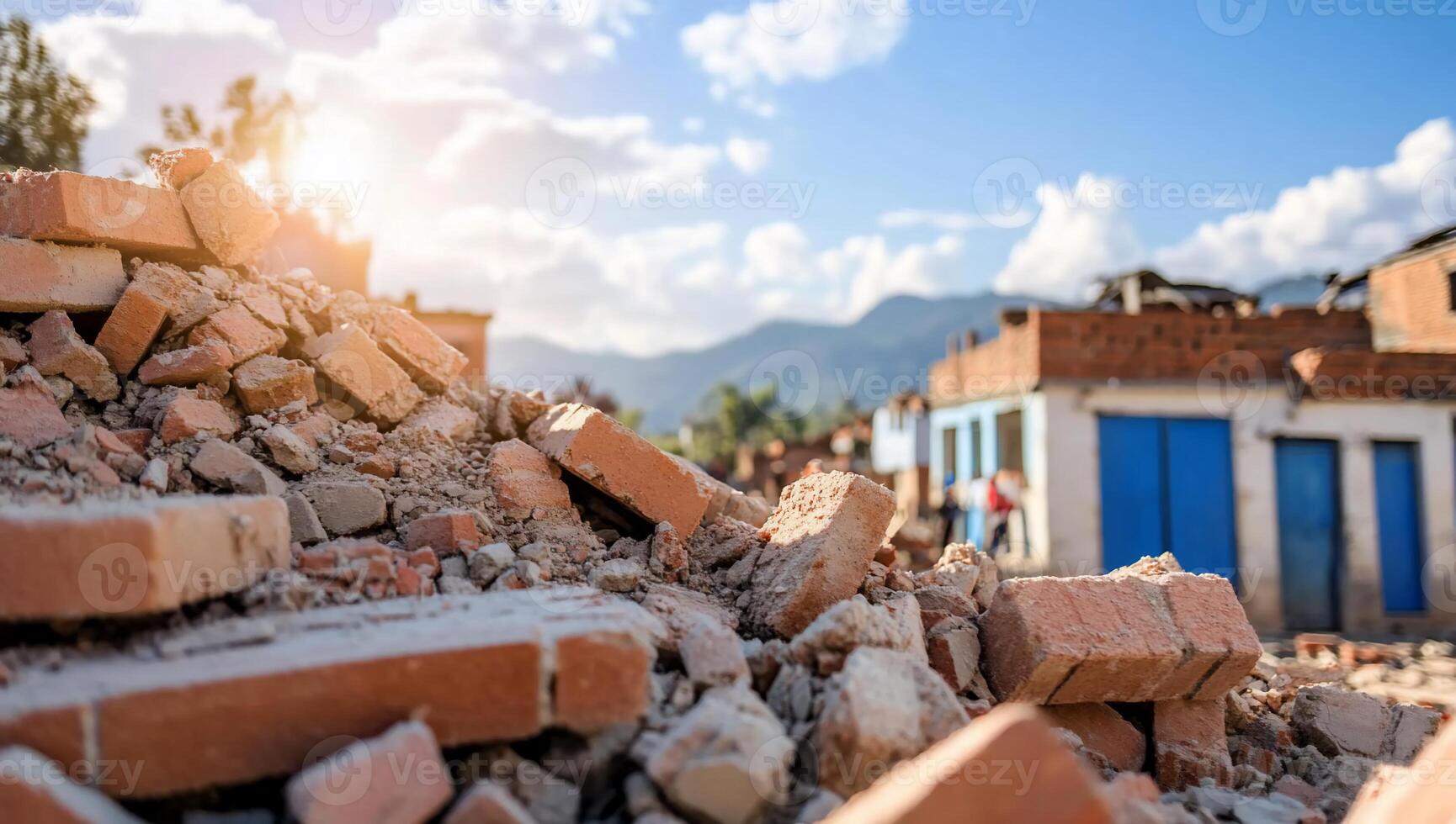 A rubble pile amidst damaged buildings under a bright sky. photo