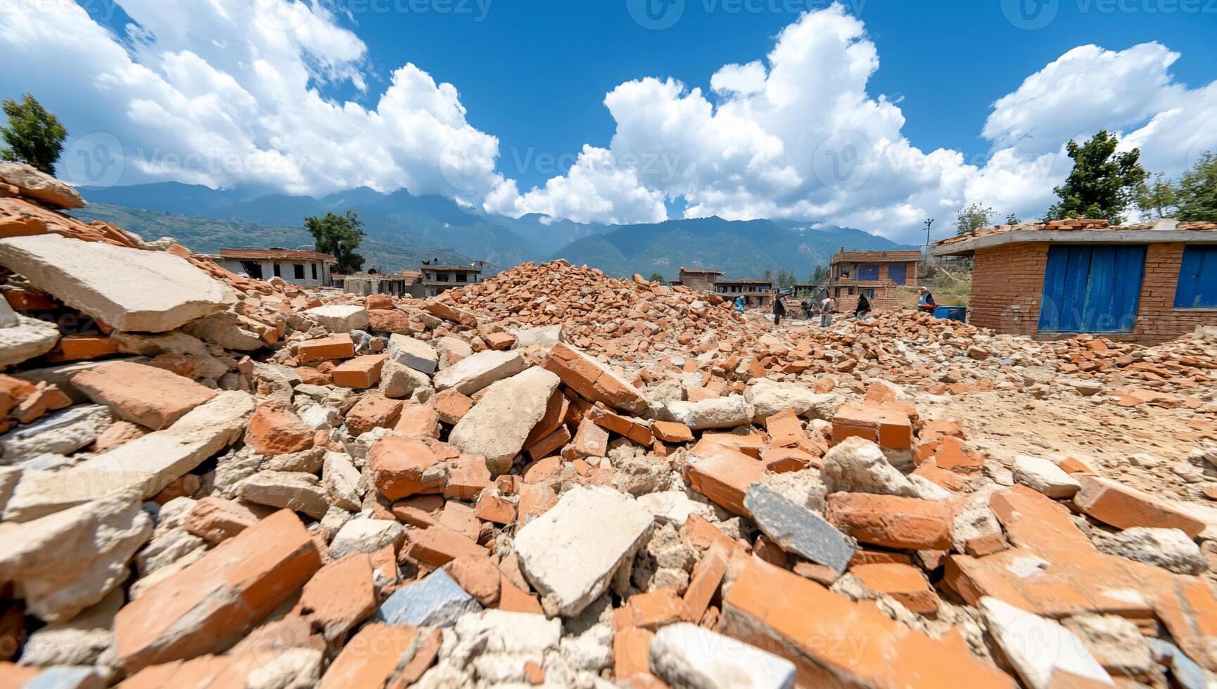 A landscape of rubble from a collapsed structure under a blue sky. photo