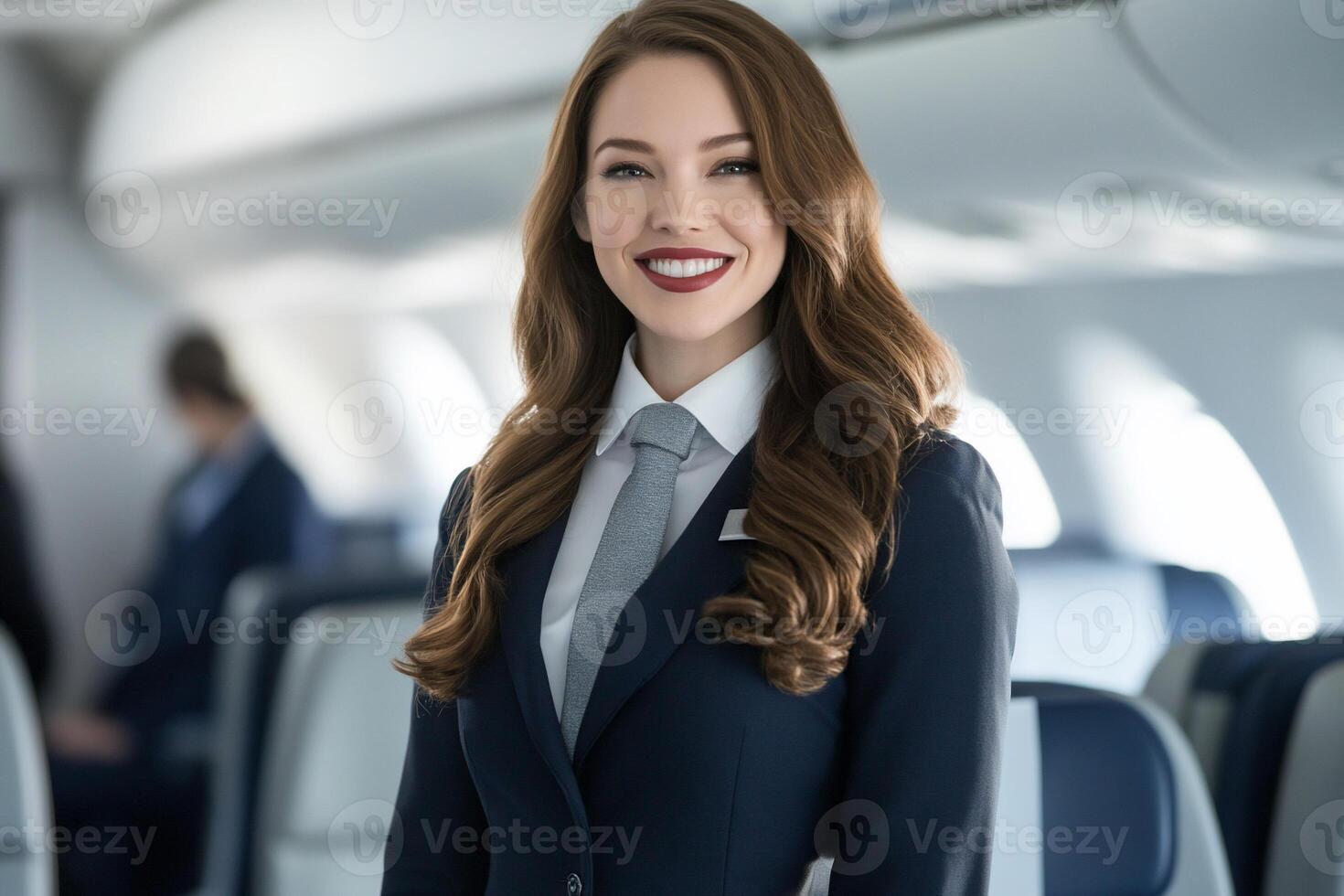 A smiling flight attendant in uniform inside an airplane cabin. photo
