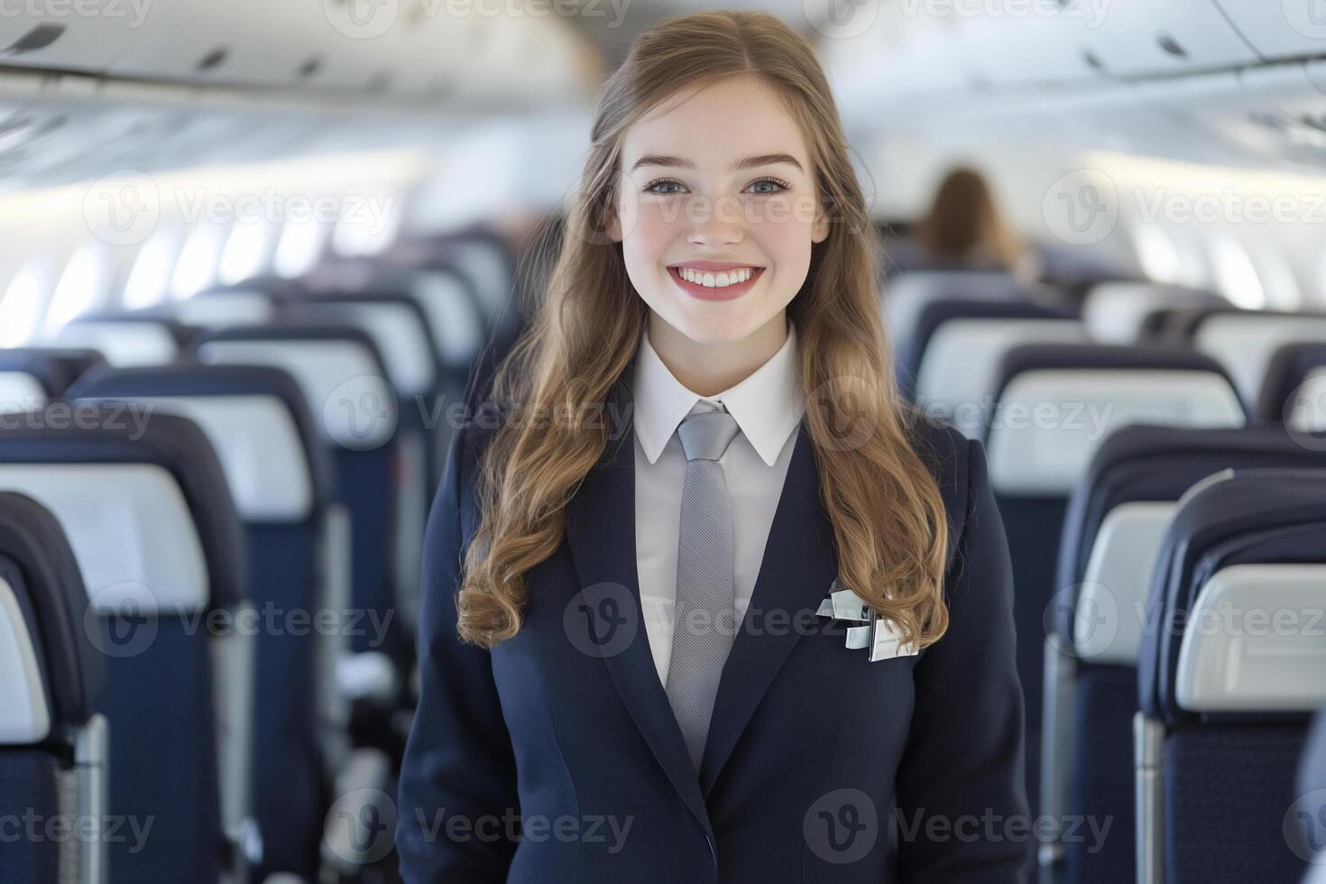 Smiling flight attendant in an airplane aisle ready to assist passengers. photo