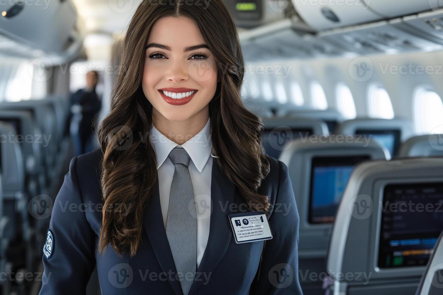 Flight attendant smiling in an aircraft cabin. photo