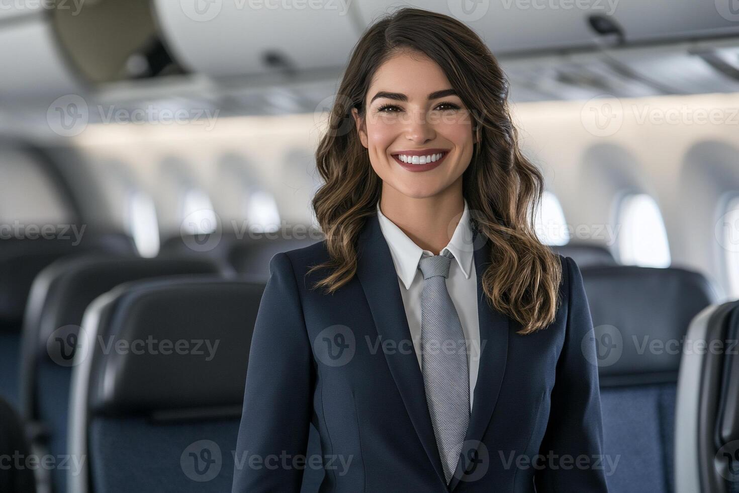 Smiling flight attendant in a modern airplane cabin. photo