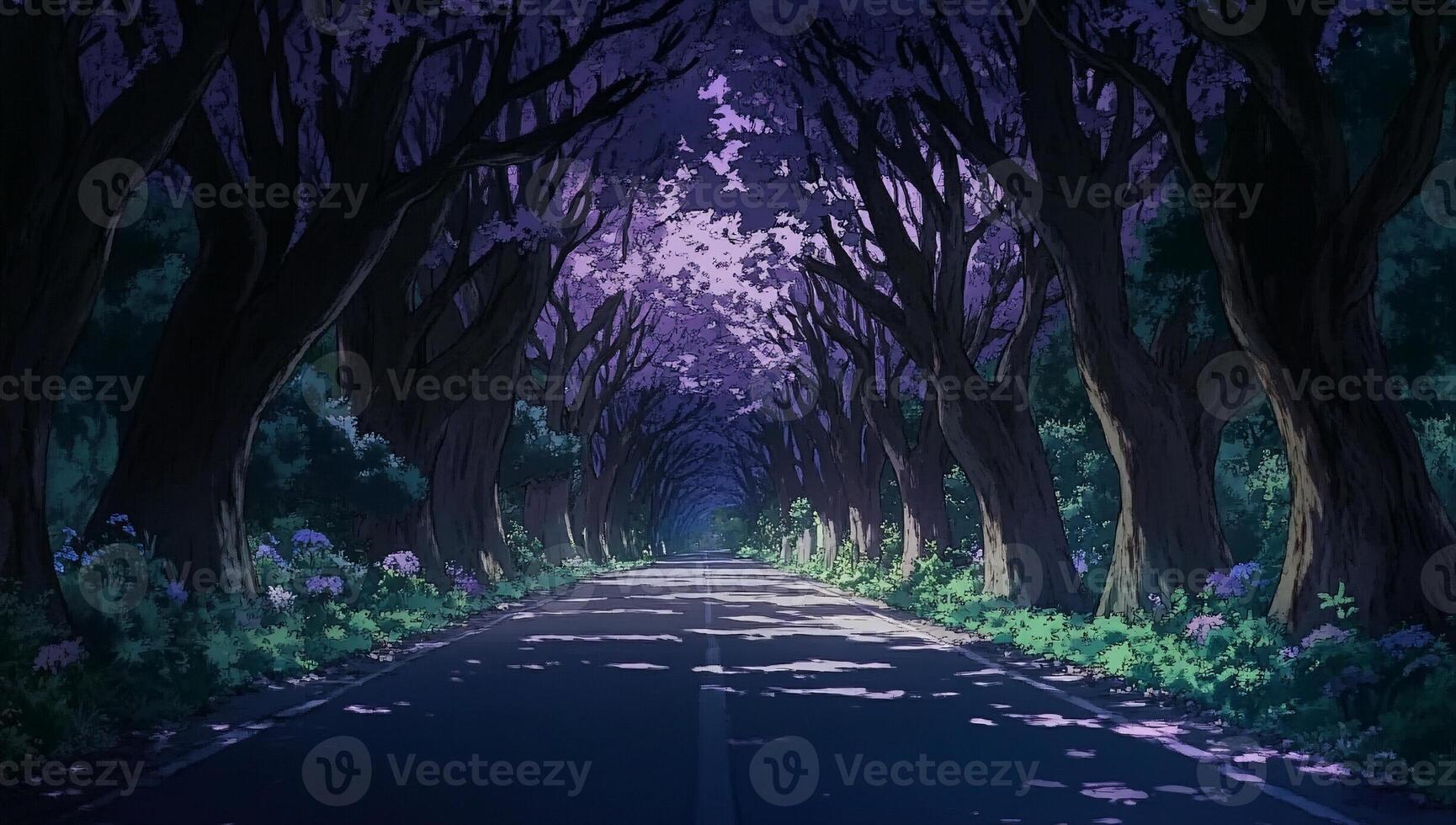 A serene road lined with trees, creating a tranquil and enchanting atmosphere. photo